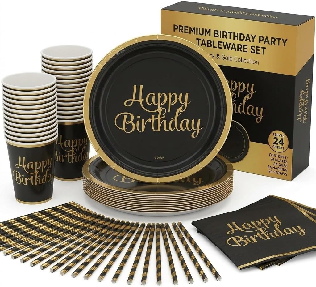 Oojami 180-Piece Happy Birthday Party Supplies Set – Serves 30 Guests with 9" Dinner Plates, 7" Dessert Plates, 12 oz Cups, and 3-Ply Napkins – Gold Foil Disposable Tableware Party Pack