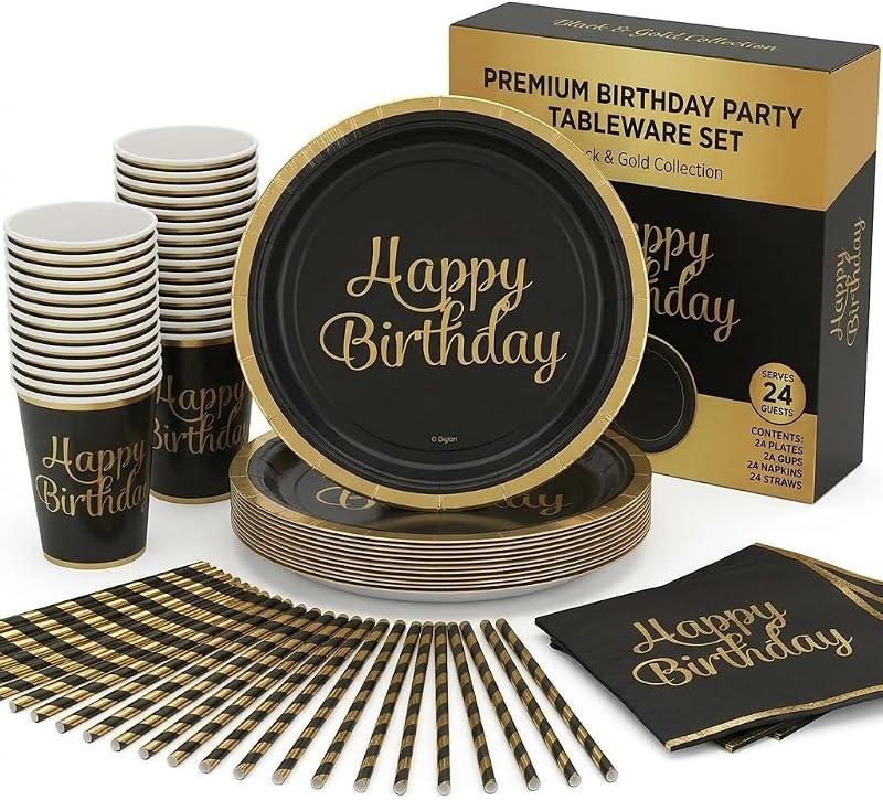 Oojami 180-Piece Happy Birthday Party Supplies Set – Serves 30 Guests with 9" Dinner Plates, 7" Dessert Plates, 12 oz Cups, and 3-Ply Napkins – Gold Foil Disposable Tableware Party Pack