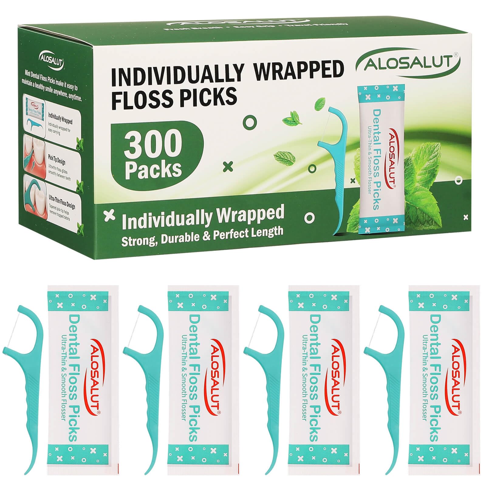 300 Pack Individually Wrapped Dental Floss Picks - Mint Flavored Floss Sticks for Fresh Breath - Strong Smooth &amp; Shred Resistant Tooth Picks - Portable Dental Flossers Oral Care for Home Travel Office