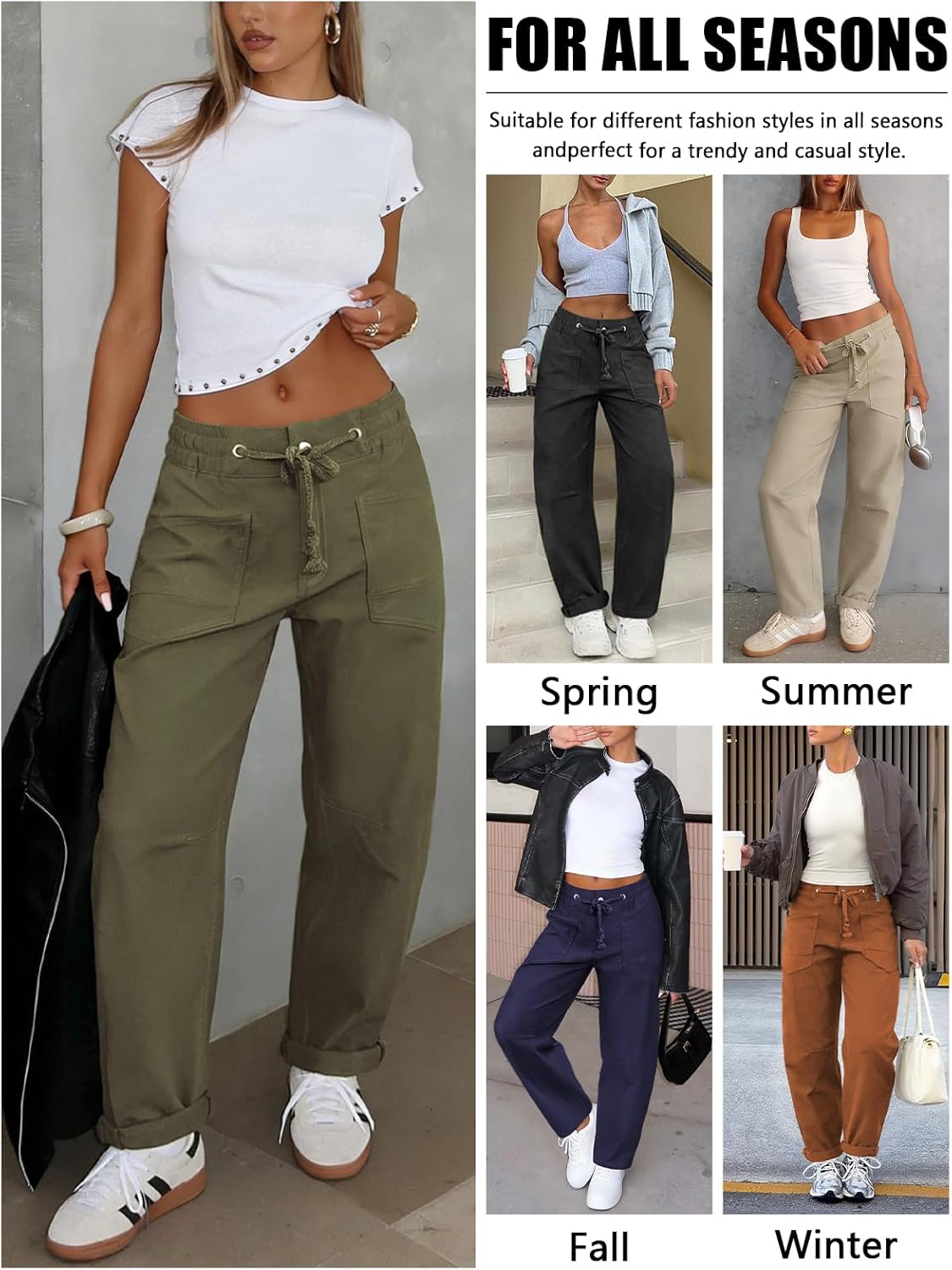 Womens Elastic Waist Pants for Women Drawstring Low Rise Baggy Barrel Pants Stretchy Ankle Cropped Trousers - Image 5