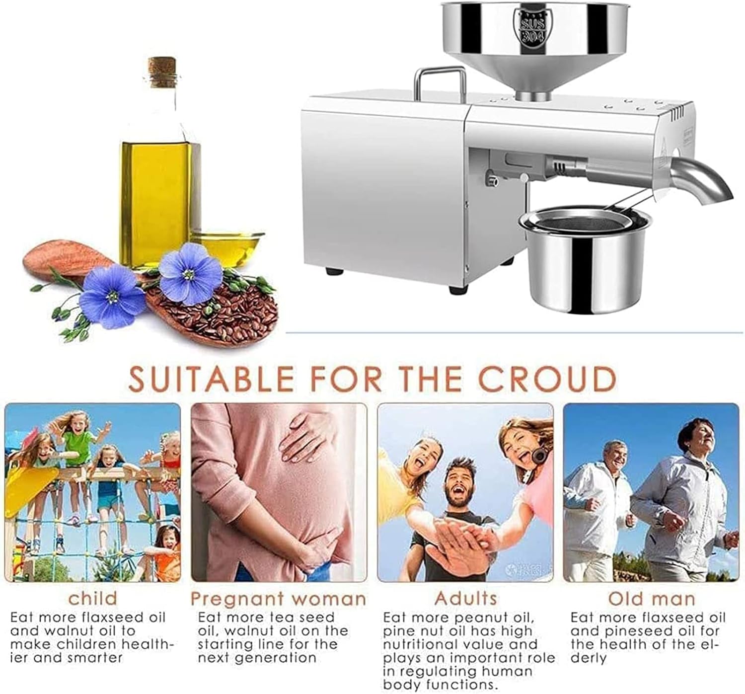 Automatic Oil Press Machine 610W Essential Oil Press Machine ≥90% High Oil Yield Extractor Cold/Hot Oil Expeller for Nuts Walnut Linseed Almond Rapeseed Sesame