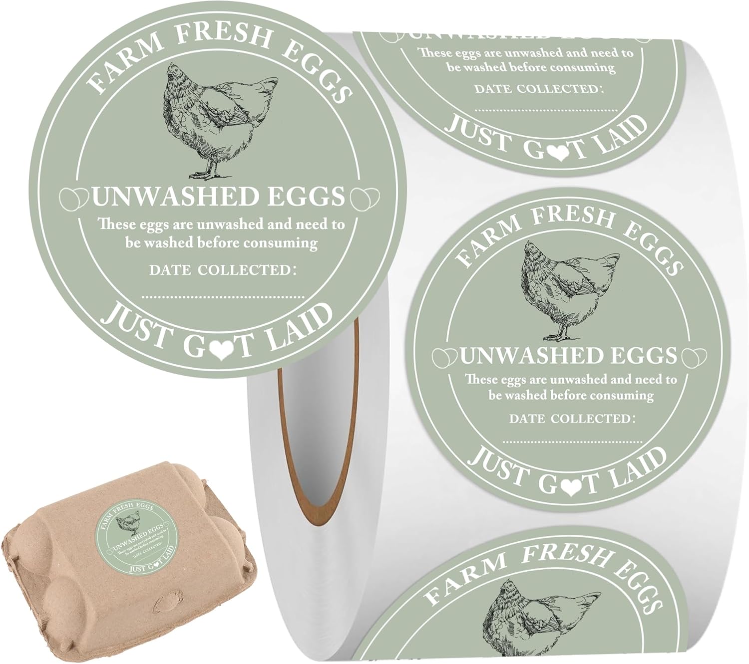 500 Pcs Egg Carton Stickers 2 inch Farm Fresh Unwashed Eggs Labels with Collected Date,Self Adhesive Packaging Stickers for Chicken