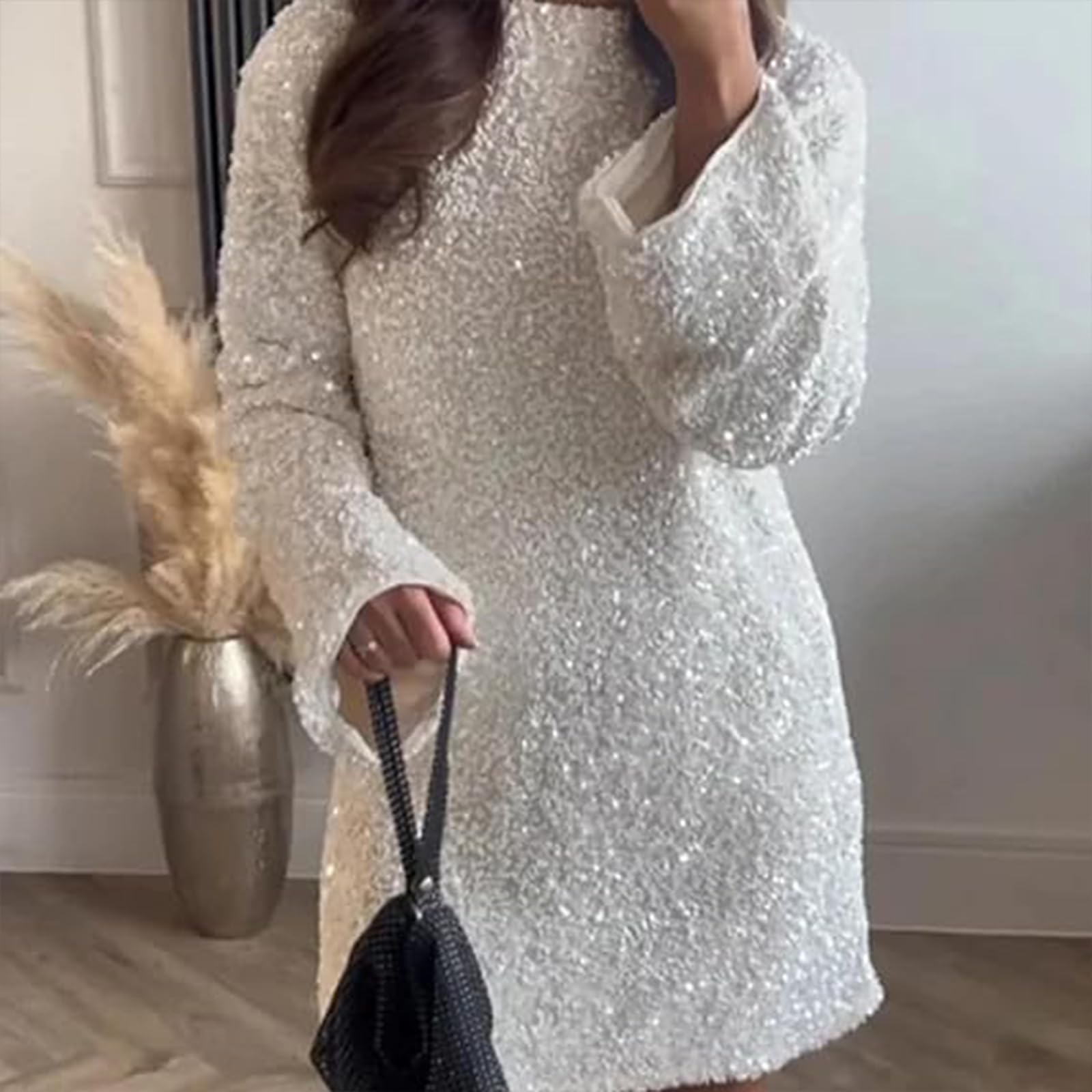 Vestido corto de lentejuelas para mujer, ajuste holgado, manga larga, acampanado, con lazo en la espalda, vestido corto de lentejuelas, vestido de concierto, vestido de festival