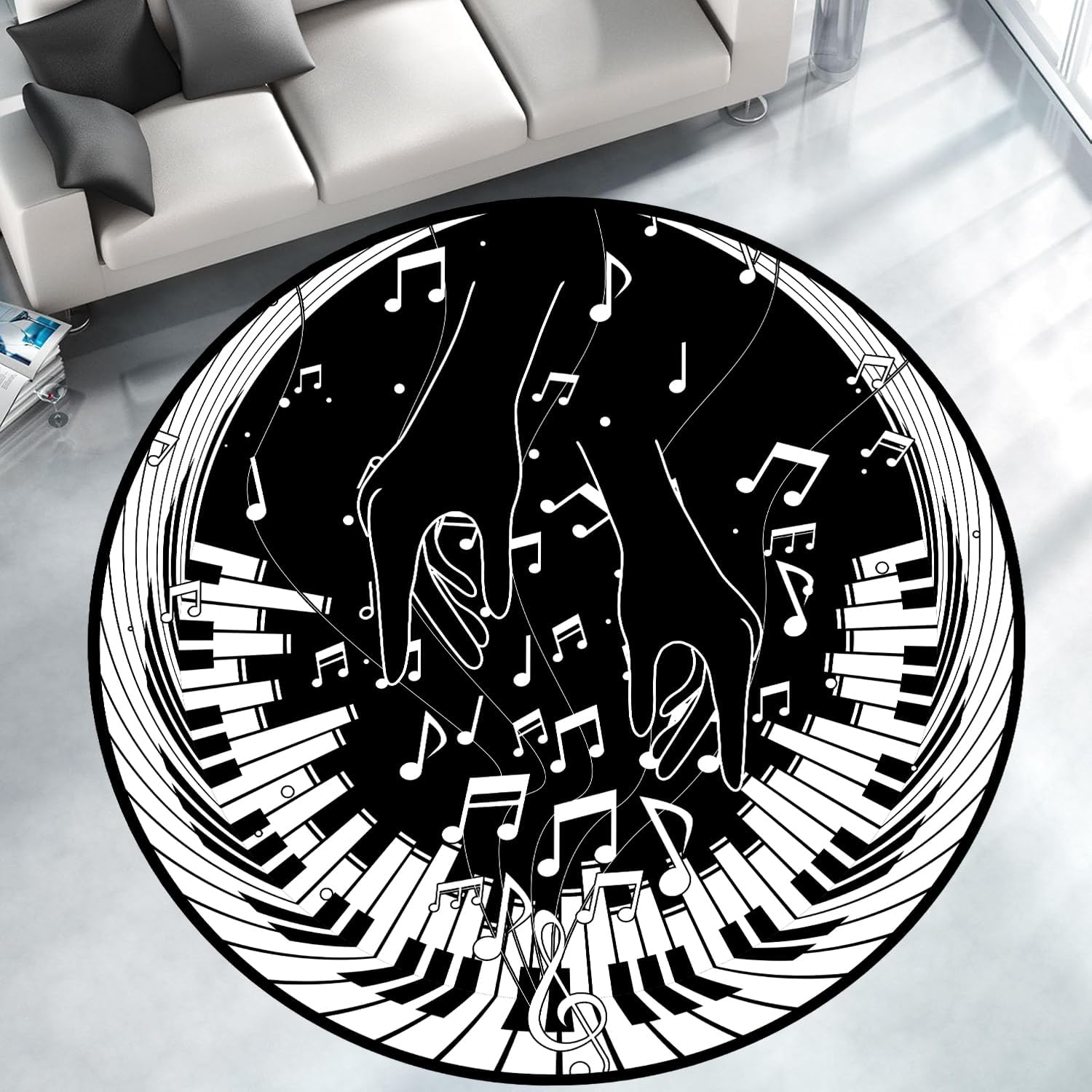 Black and White Piano Floor Mat,6ft,Black Vinyl Record Music Round Rug,3D Circle Studio Guitar Piano Rug,Soft Non-Slip Washable Small Round Rugs,for Dining Room Bedroom Floor Piano Mat