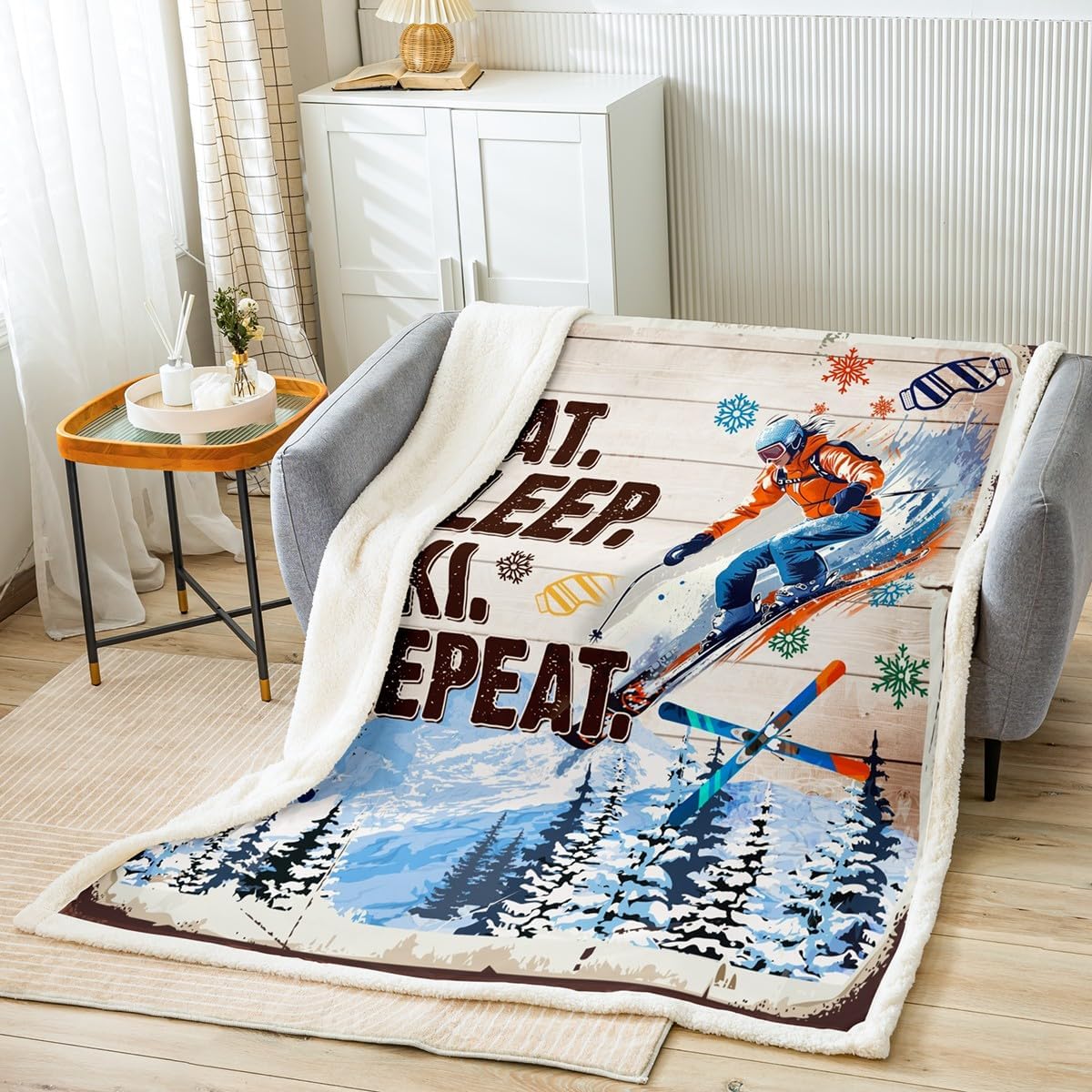 Ski Throw Blanket Rustic Farmhouse Brown Wooden Fleece Blanket Skiing Skier Sports Games Blankets Kids Boys Girls Adult Room Decor Winter Snow Mountain Sherpa Blanket,for Chair/Sofa,60"x80"