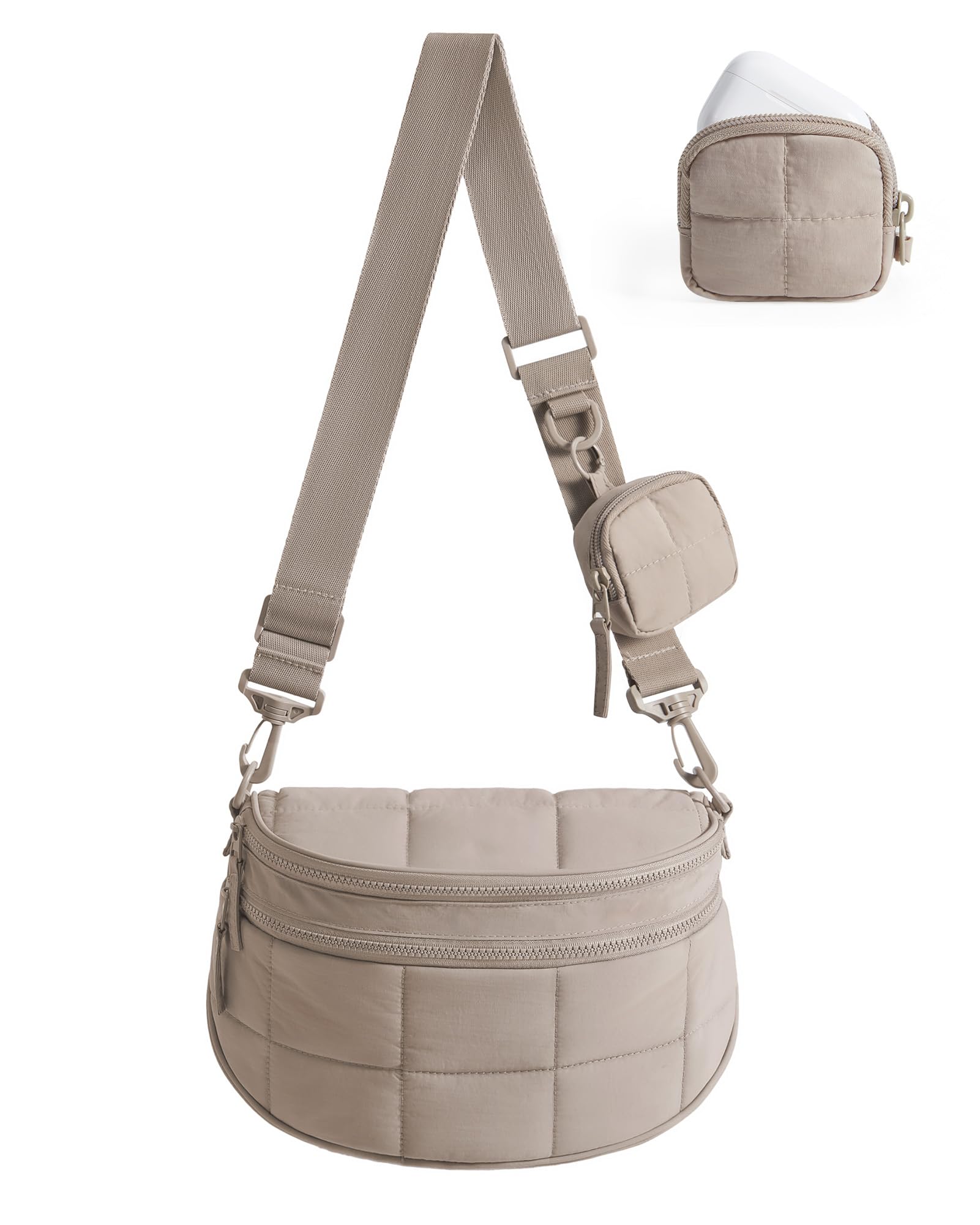 BAGSMART Small Crossbody Bags for Women，Puffer Cute Bum Bag with Pouch, Quilted Purse for Daily Travel College, Camel | 4.6L compact size, small yet spacious, structured bum bag, 2-in-1 set