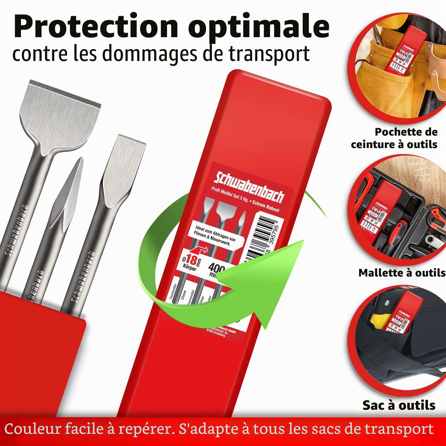 SCHWABENBACH® Burin SDS Max – Jeu 3 pièces : 25 mm + 50 mm + pointe – Burin plat SDS Max professionnel – Pour marteau perforateur et béton – Set Premium compatible Bosch, Hilti, Metabo