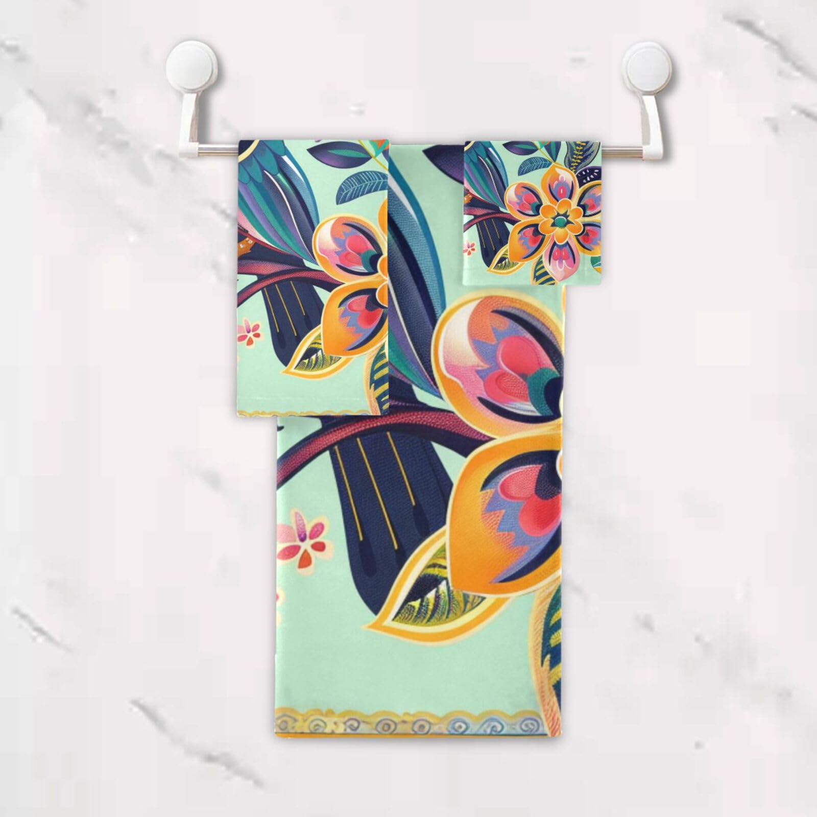 Set di 3 asciugamani da testa a punta con fiori tropicali in stile bohémien, 1 asciugamano da bagno, 1 asciugamano per le mani, 1 panno per il viso e il corpo
