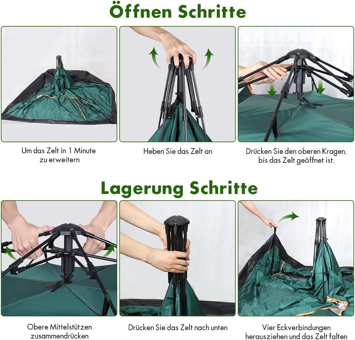 Camping Zelt 2-3 Personen, Automatisches Pop Up Kuppelzelt mit Doppel-Türen, Wasserdicht & Winddicht, 3-4 Saison Zelt Outdoor Zelt für Familie, Trekking und Camping, Waldgrün