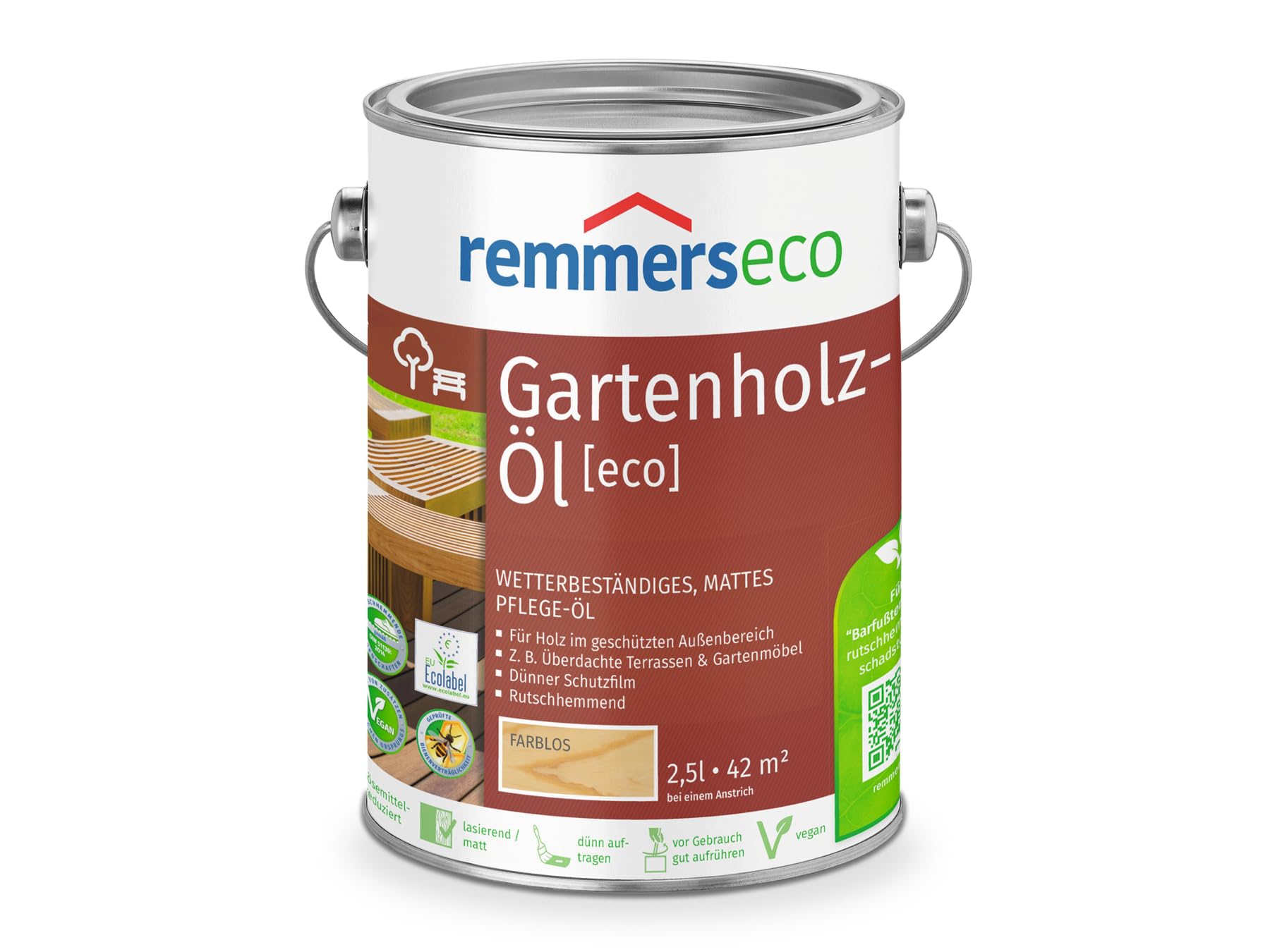 Remmers Olio per legno da giardino [eco], incolore, 2,5 litri, resistente alle intemperie, opaco, per esterni e interni, ideale per terrazze e mobili da giardino, antiscivolo