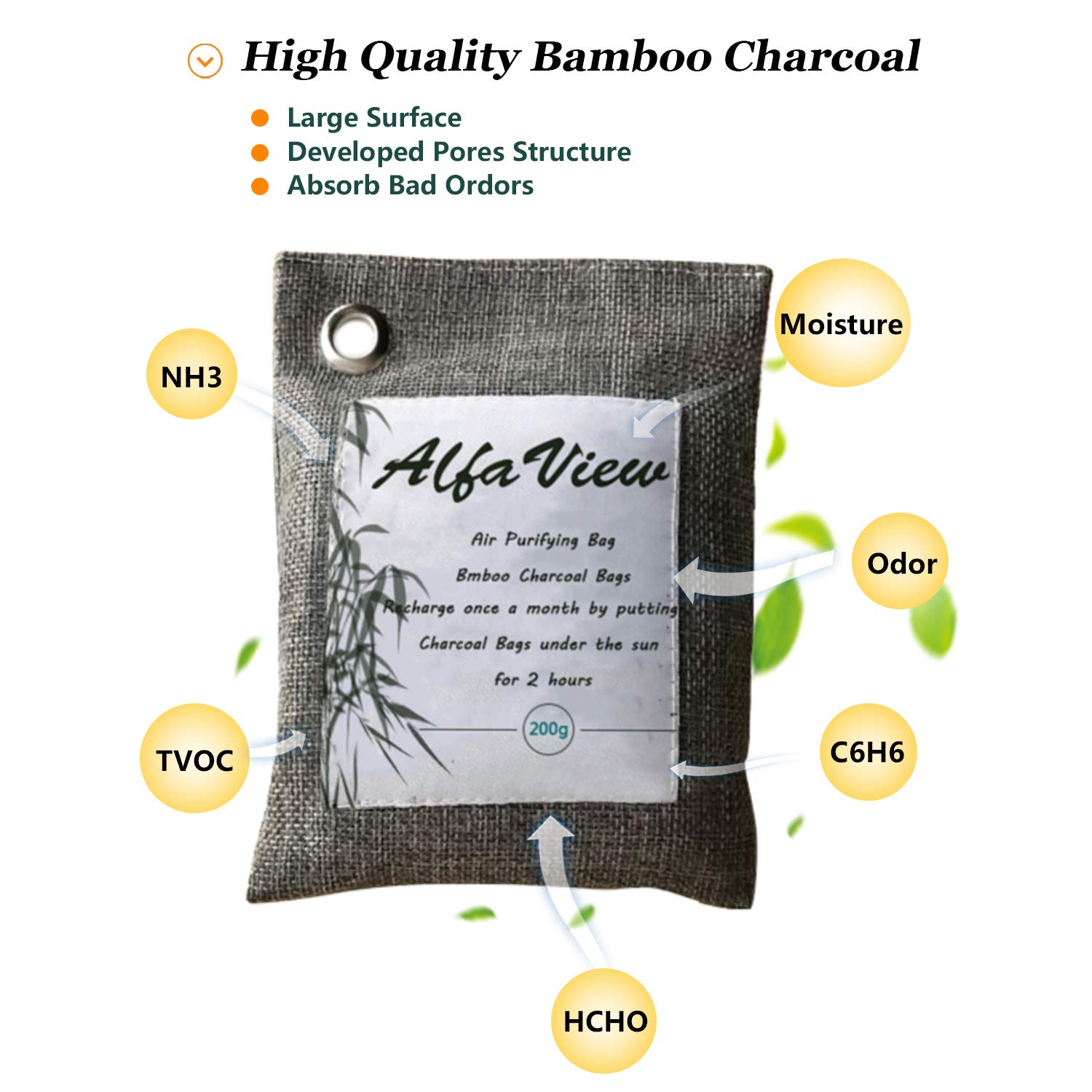 Bolsa Purificadora de Aire, AlfaView Naturalmente Ambientador de Bambú y Carbón Desodorizarte de Calzado y Eliminador de Olores Absorbente para Automóviles y Armarios y 100% sin Olor Químico