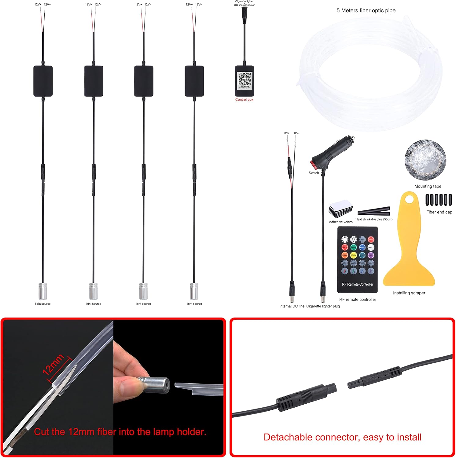 Car Interior Ambient Lighting Optic Fiber Cable RGB 64 Colors Multicoloured Music Car Footwell Lighting Kit with Cigarette Lighter and App Microphone, DC 12V-24V 1W 5m