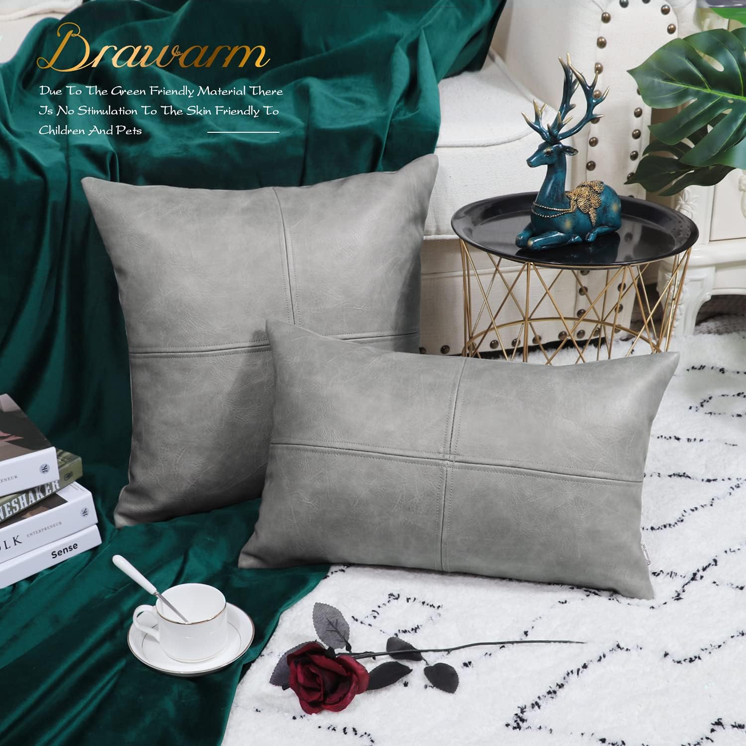 BRAWARM Faux Leather Throw Pillow Covers 20 X 20 Inches, Gray Leather Pillow Cover, Hand Stitched Leather Decorative Pillow Cover for Couch Sofa Bed Living Room Home Garden