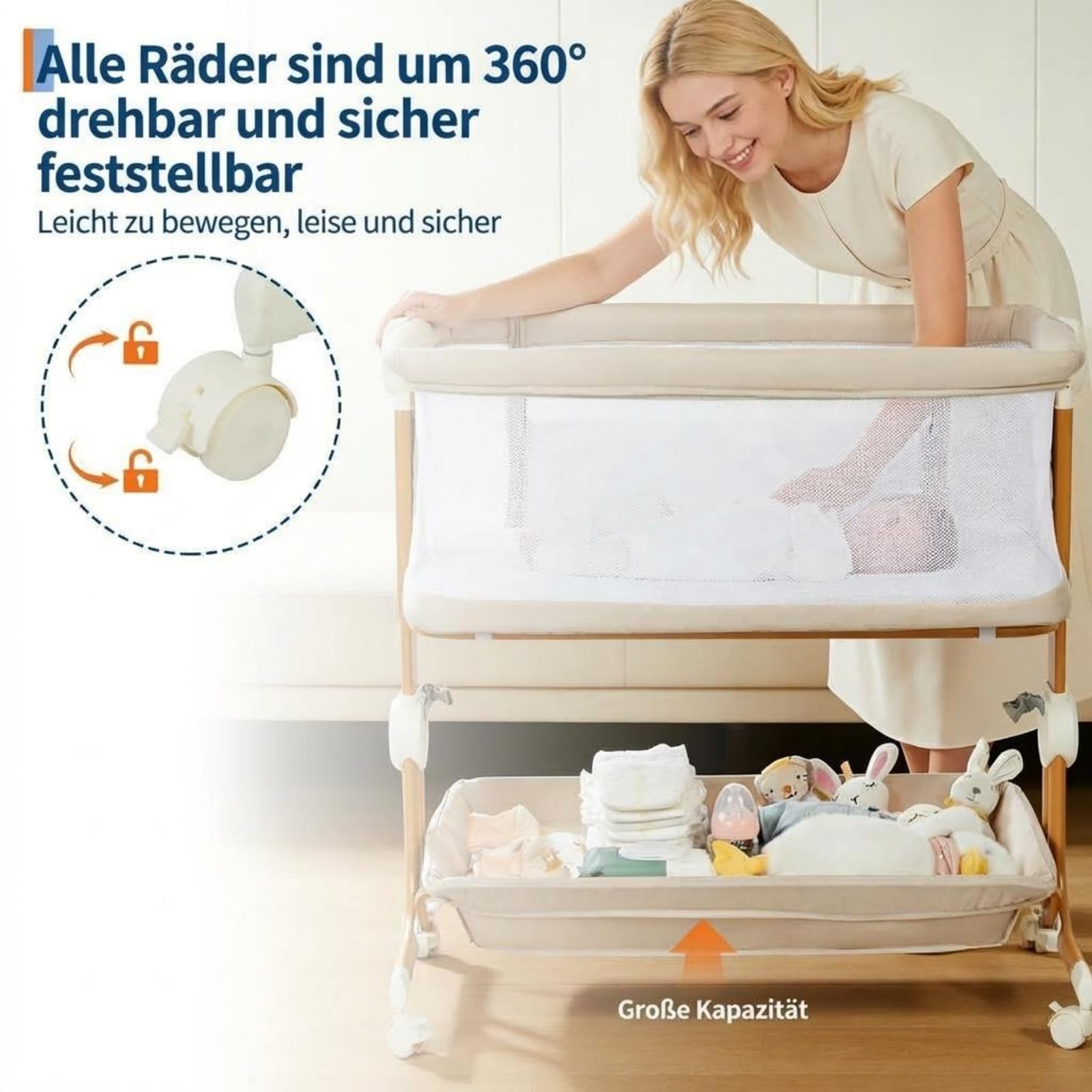 3 in 1 Baby-Beistellbett mit Weich Matratze | Sicher Getestet & Vielseitig Einsetzbar, 7-Fach Höhenverstellung, Faltbare Seitenwand mit Rollen für Zuhause und Unterwegs