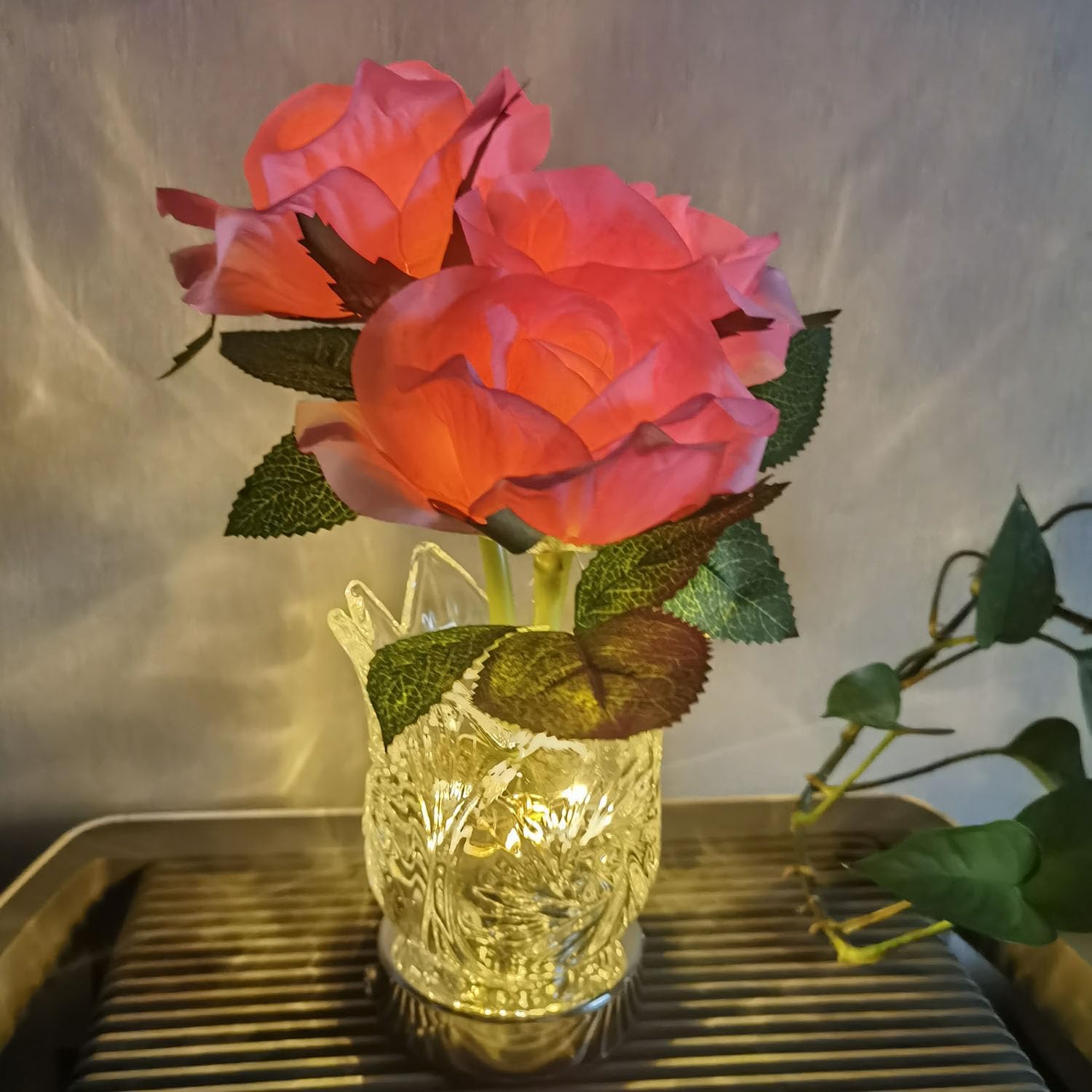 Rose Table Lamp Cordless Touch Crystal Glass Vase Lamp for Home Bedroom Living Room Desktop Decor Gift, LED Artificial Flowers Lamp，Small Bedside Lamp USB Rechargeable with 3Colors Dimmable ,Pink