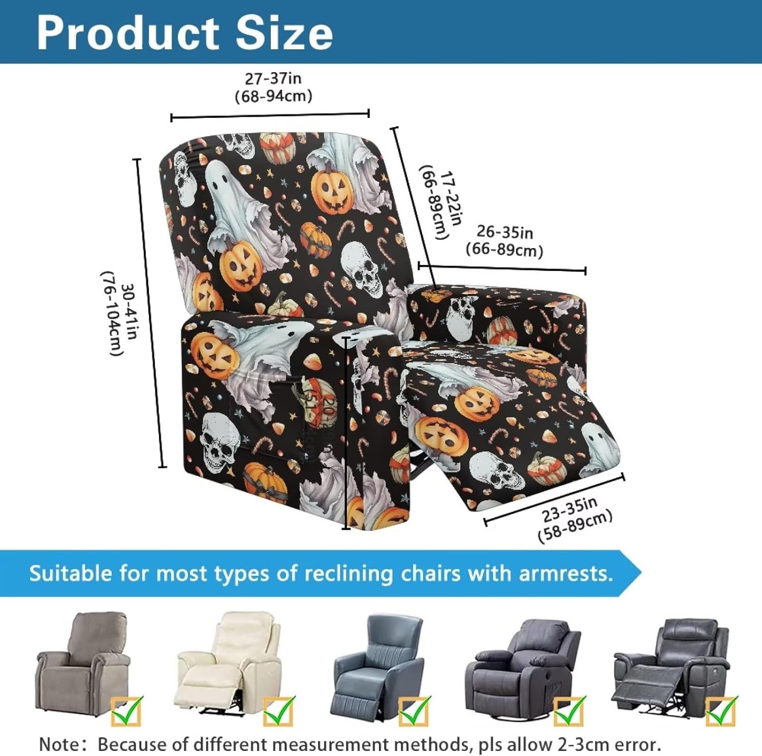 Ghost Recliner Couch Cover Pumpkin 4 Piece Skull Slipcovers with Side Pockets Halloween Themed Chair Covers Stretch Recliner Slip Cover for Living Room