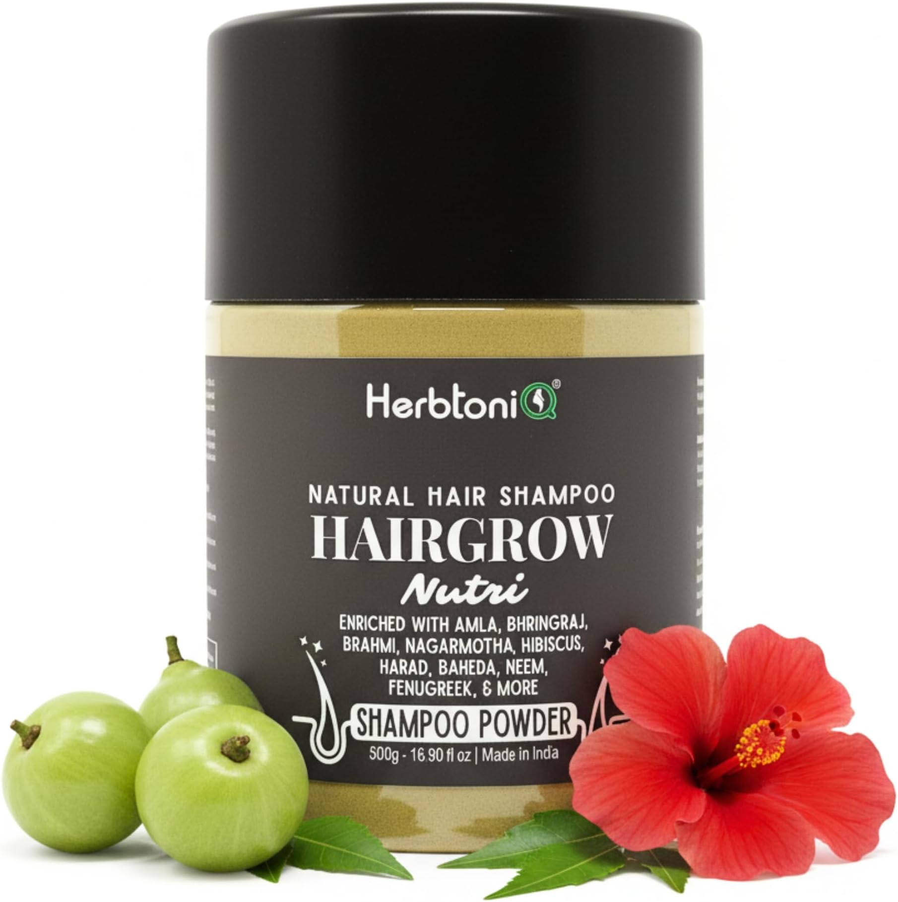 Herbtoniq Hairgrow Nutri Hair Shampoo Enriched With Herbal Amla Bhringraj Brahmi Nagarmotha Hibiscus and More for Men & Women - Totally Organic for Hair Growth, Reduce Hair Fall & Dandruff - Powdered Shampoo - 500g