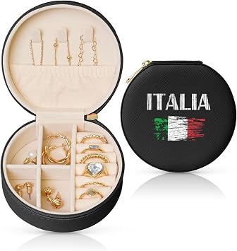 Vintage Italia Italy Italian Flag Round Jewelry Box Portable Small Travel Jewelry Organizer Pu Leather Jewelry Storage Case For Rings Earrings Trinket Black