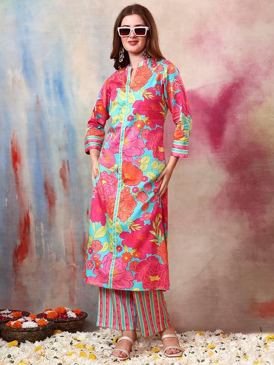 Tissu Women's Cotton Slub Floral Printed Kurta with Striped Trouser Pant