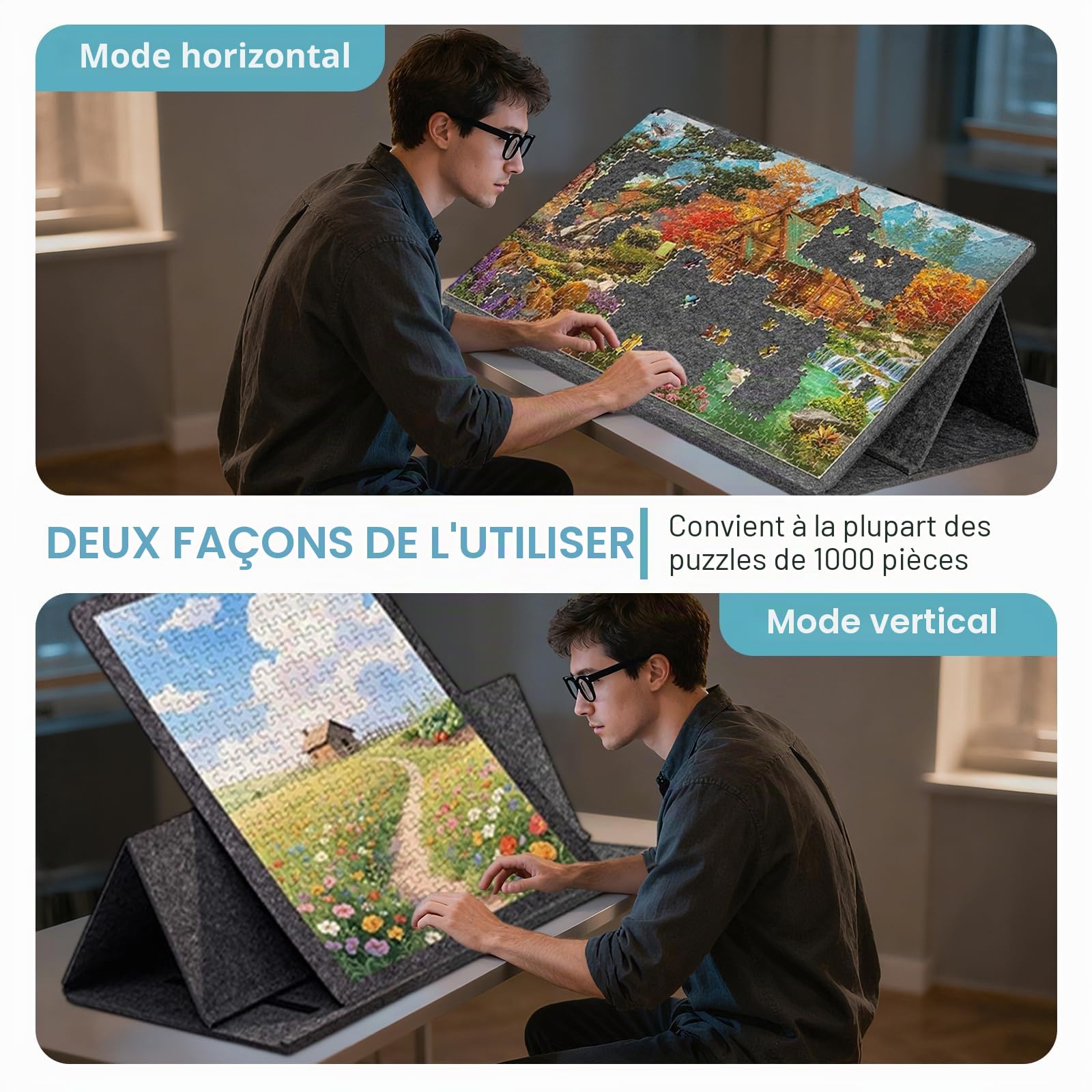 Planche à puzzle pliable, 1000 pièces, avec support et couverture inclinable 2 en 1, avec 6 trieurs, rangement de table de puzzle, cadeau pour enfants et adultes, 81 x 56 cm