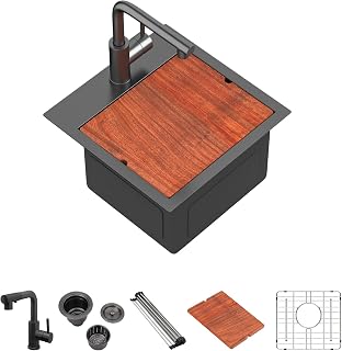 Mocoloo 15 Inch Black Bar Sink with Faucet, 16 Gauge Drop in Workstation Sink - 15x15x9" Stainless Steel Single Bowl Small Rv Kitchen Sink with Pull-Out Faucet