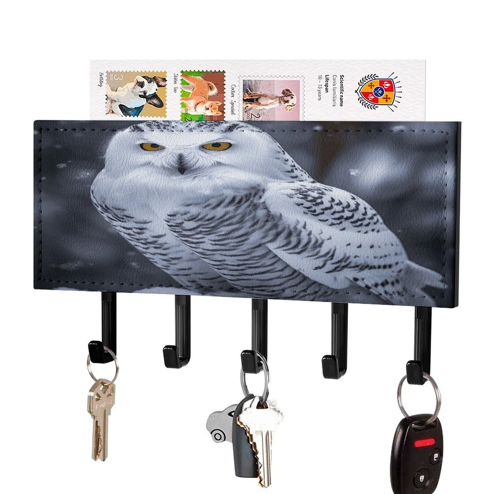 Fodpand Black-Style Arctic Owl Key Holder For Wall Mount Key Hooks Key Rack With Self Adhesive Pu Key Hanger Personalized Key Organizer Rack With 5 Hooks For Hallway Door Entryway