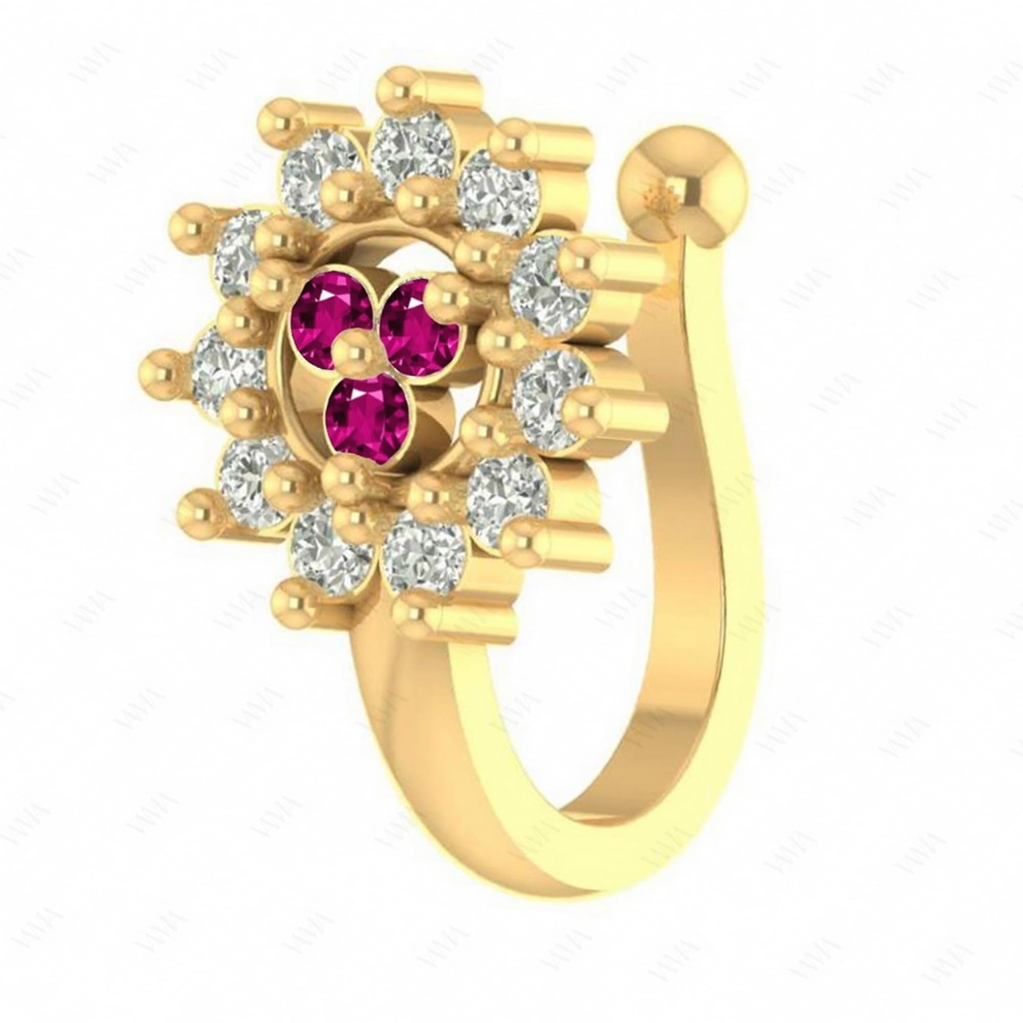 FASHIONS Flower Design Ruby Stone Non Piercing Clip On Nose Pin Without Hole Pressing Nose Ring Stud for Women & Girls