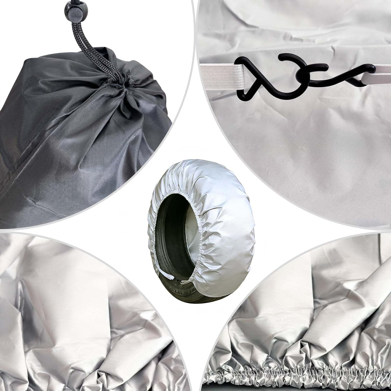 4-Pack RV Tire Covers, Waterproof & UV Resistant Wheel Covers with Windproof Hooks for Trailer, Camper, Truck, SUV & More - Fits Tire‘s Total Diameter 30’’- 32’’/80cm - (Silver-L)