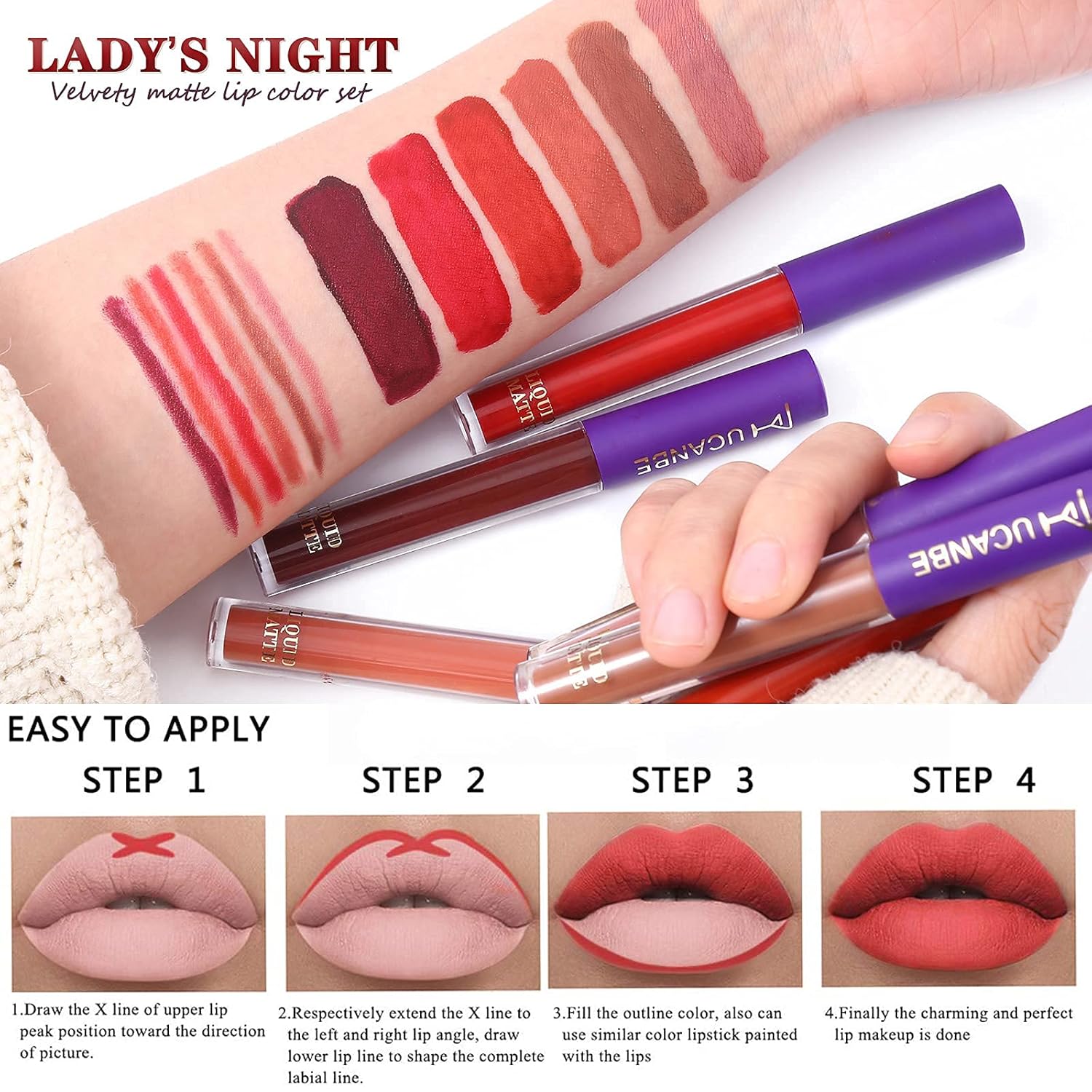 UCANBE 13pcs Lady's Night Lipstick Makeup Set, 6 Velvety Matte Liquid Lipsticks + 6 Matching Smooth Lip Liner + 1 Moisturizing Lip Gloss Primer, Waterproof Long Lasting Lip Make Up Gift Kit : Beauty & Personal Care