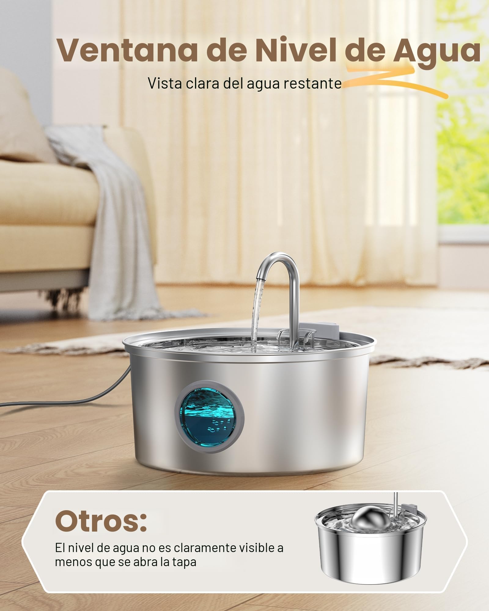 Fuente de gato de acero inoxidable - Fuente para mascotas de 108 oz/3,2 L para gatos de interior - Silenciosa - Contiene 8 filtros + 8 esponjas