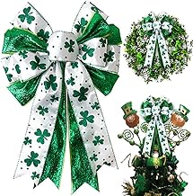 St Patricks Day Bow for Wreath Decorations,11.4 * 19.6in Large White Green Glitter Shamrock Bowknot Irish Holiday Crafts Bows for Tree Topper Front Door Outdoor Outside