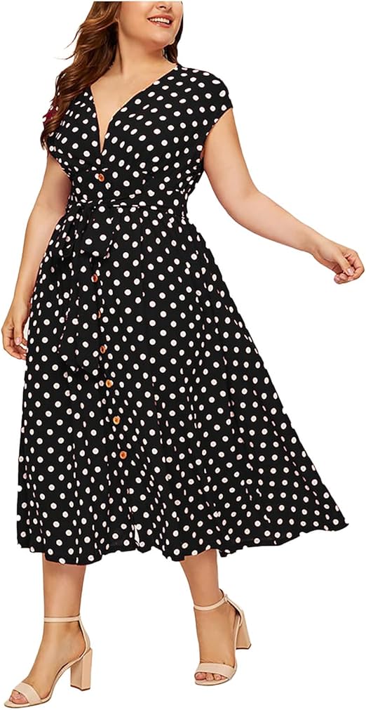 Eaktool Ladies Fashion Plus Size Polka Dot Dress Button LaceUp Waist VNeck Skirt