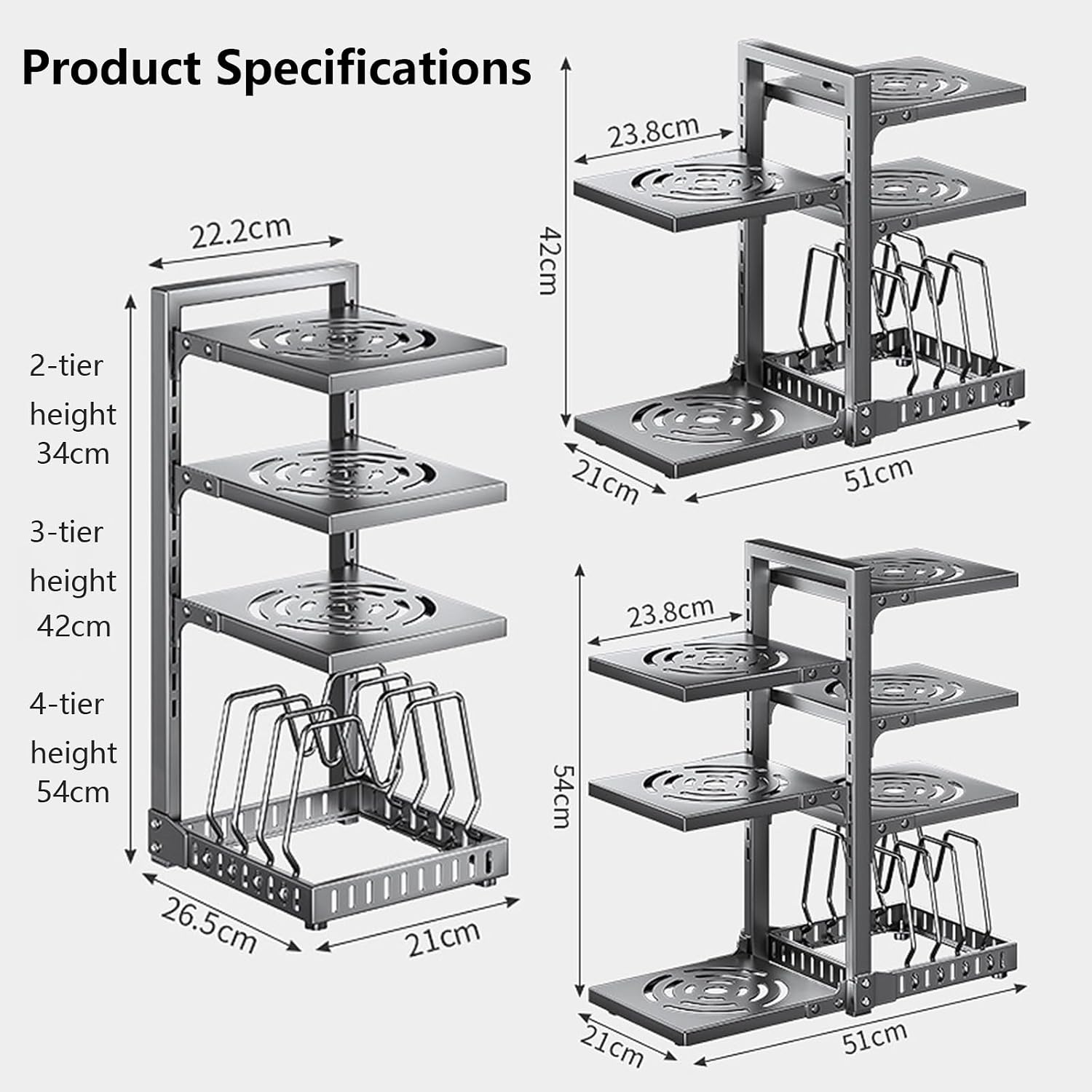 AdjustablePots and PansStand with Nonslip Dividers 3Tier Under Sink Storage Rack for Kitchen Cabinets and Countertops Gray,White-2 Floors