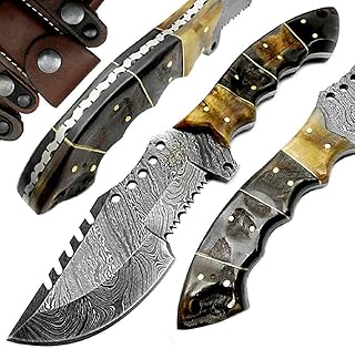 Handmade Damascus Steel Tracker Knife - 9.5" Inch Knifes real Ram horn Handel Knives - Bushcraft- EDC Survival Knife for Men-Tactical Tracker Knife- Fixed Blade Knife- Premium Quality Knife- Mens Gift - Best.Buy.Damascus1