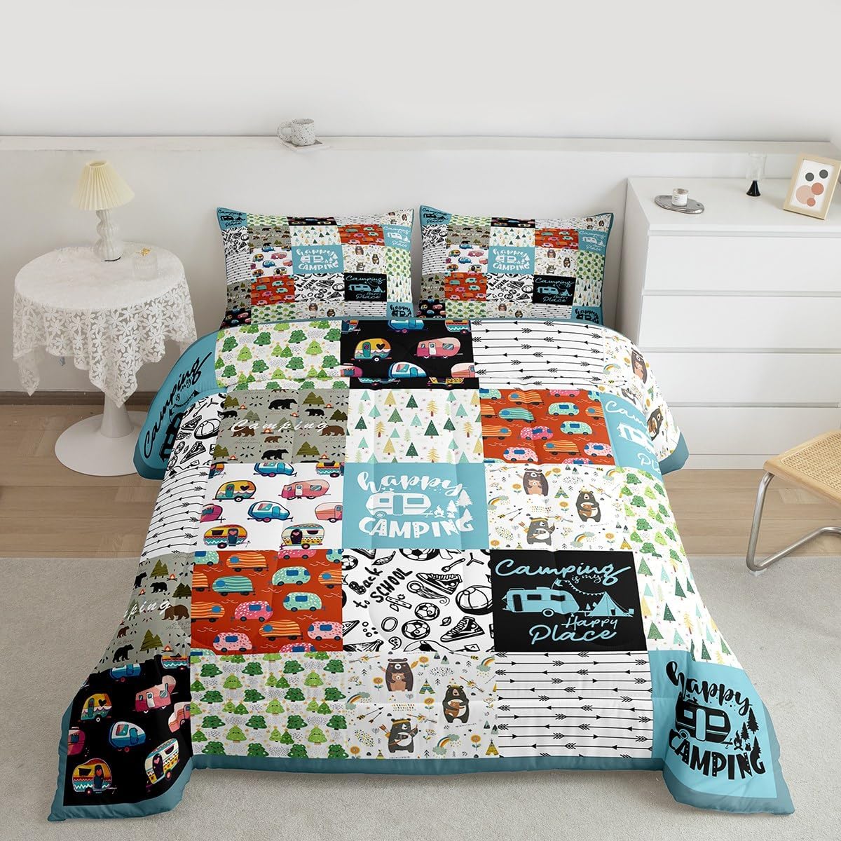 Feelyou Camping Theme Bedding Set for Girls Boys Children Camper Comforter Set Camping Travel Car Pattern Comforter Room Decor Splicing Style Duvet Set Queen Size Quilt Set