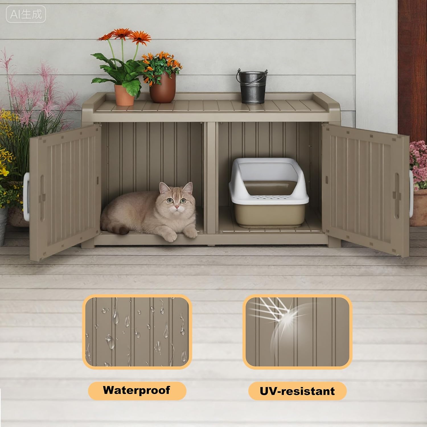 Hidden Cat Litter Box Enclosure, Litter Box Enclosure Furniture with Double Door, Sturdy Resin Scratch-Resistant Cat House, Storage Bench All-Wearther for Indoor Use Against Walls (Grey)