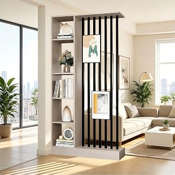 Freestanding Wood Room Divider Shelf with Shelves Entrance Hall Partition Screen Column Floor to Ceiling Divider Screen Separator Screen with Storage Khaki + Black, L39.4 x W9.4 x H80.7