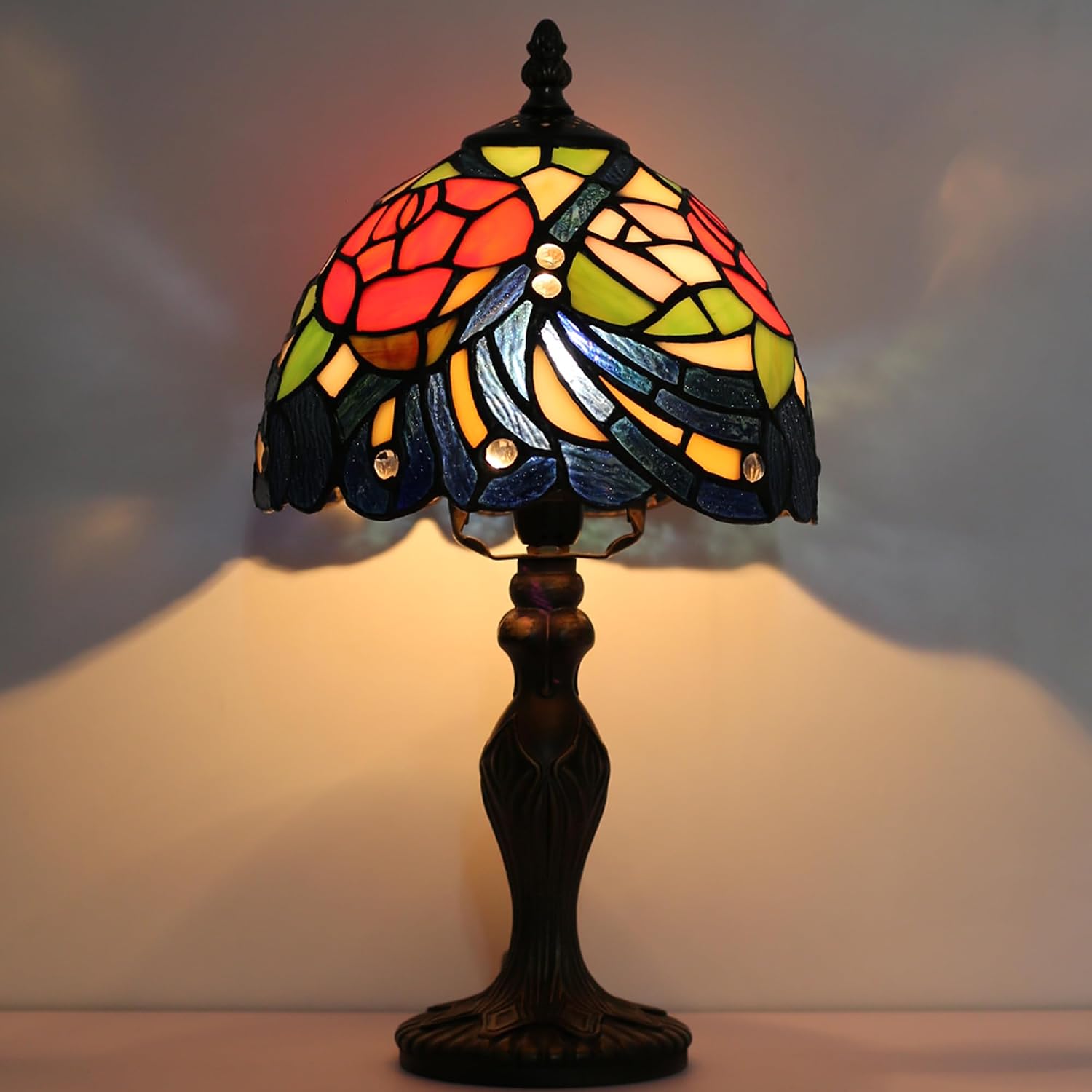 Tiffany Style Lamp Stained Glass Table Lamp 8" x 14.5" Mini Accent Light Pink Red Rose Feather Design Small Decorative Bedside Bedroom Living Room Memory Lamp