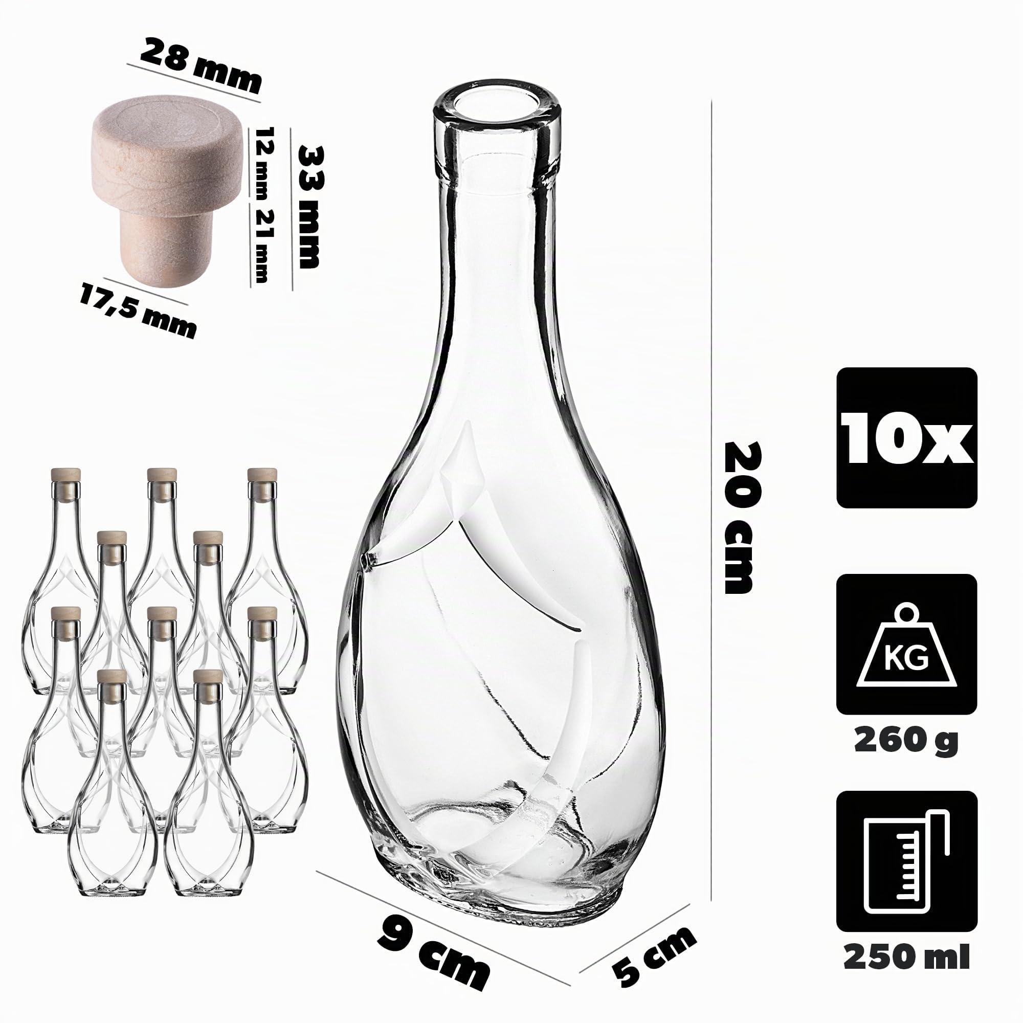 KADAX Set di 10 bottiglie in vetro 250ml con tappo in sughero – piccole bottiglie vuote da riempire per liquore, grappa e bomboniere, ideali per fatte in casa
