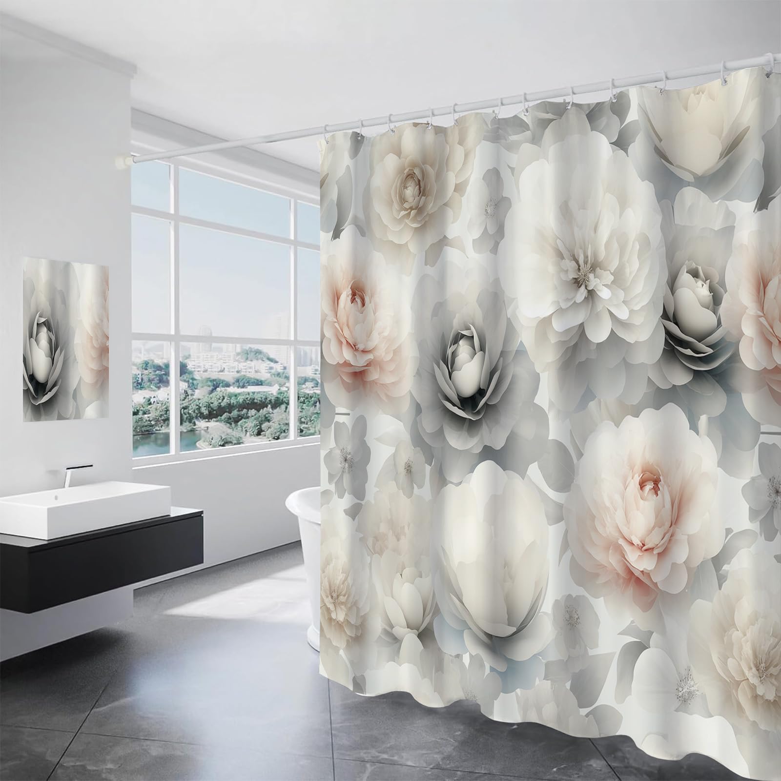 Rideau de douche fleurs pivoine lavable imperméable petit rideau baignoire