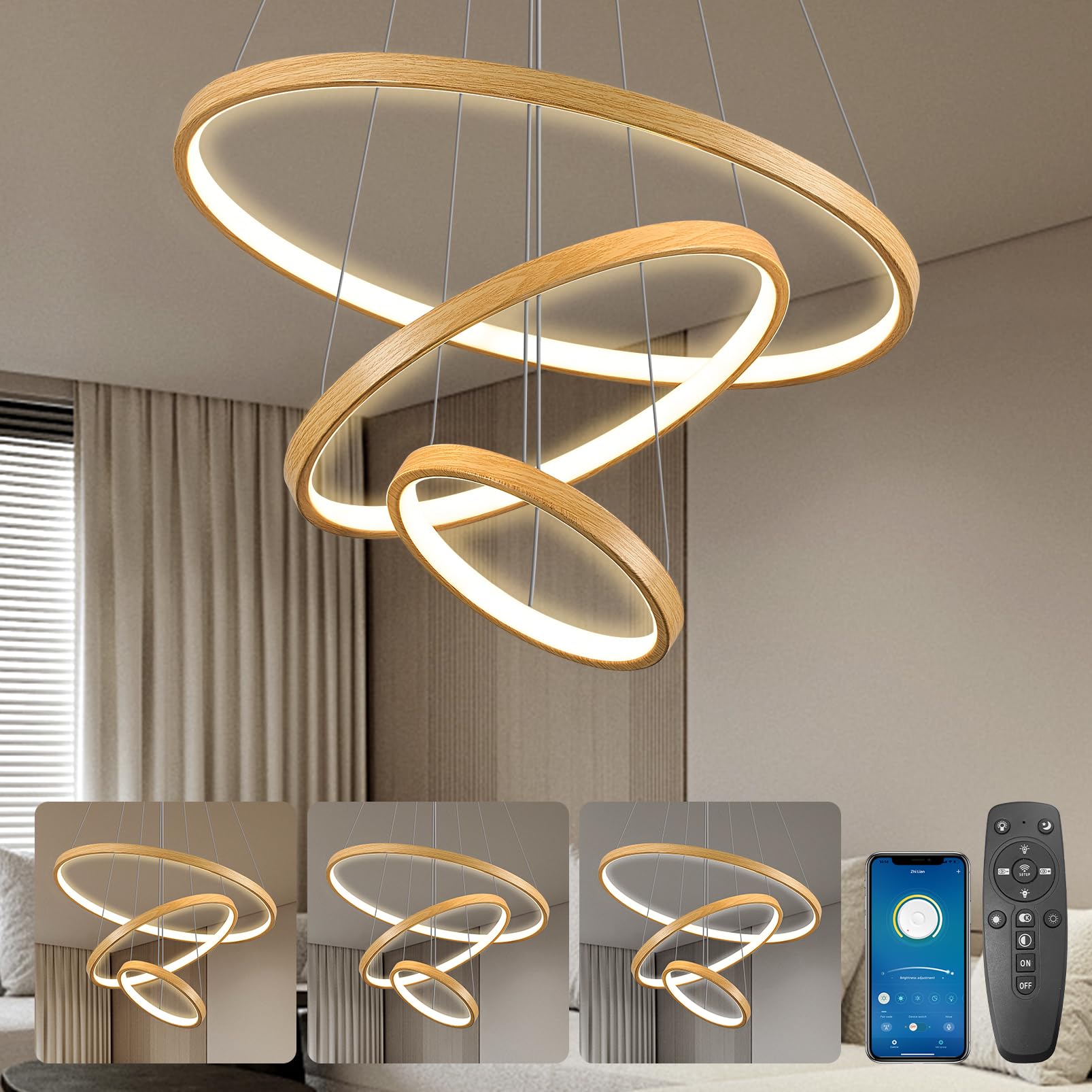 YOODI Lampadario a Sospensione Dimmerabile con Telecomando APP 50+35+20cm 3 Anelli 45W 3000K-6000K LED Lampada a Sospensione Altezza Massima 150cm per Soggiorno, Camera da Letto, Hotel