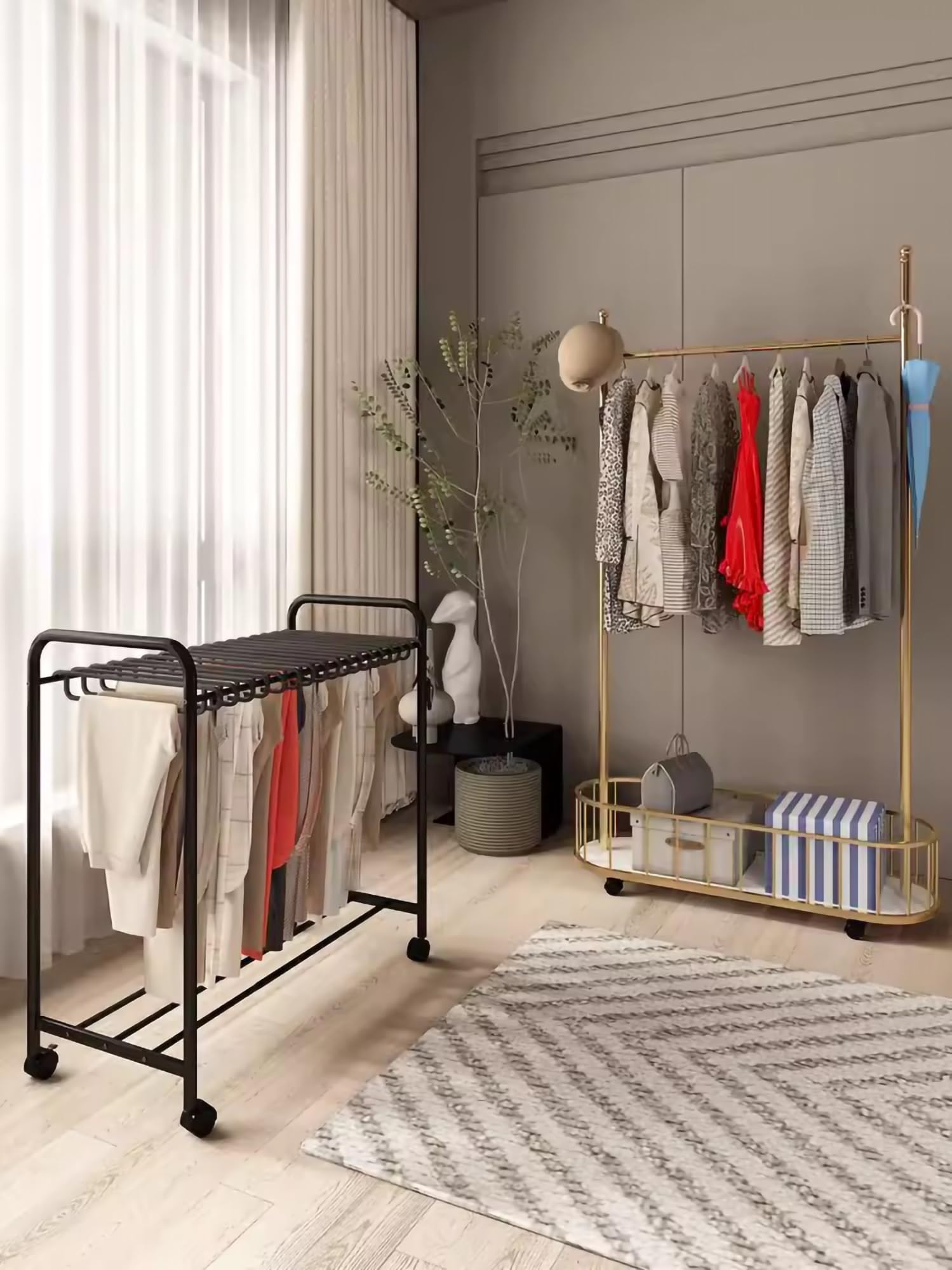 Perchero portátil de pie para pantalones con ruedas, multifuncional, 24 perchas para jeans, bufandas y faldas, estante de secado ajustable para un fácil almacenamiento