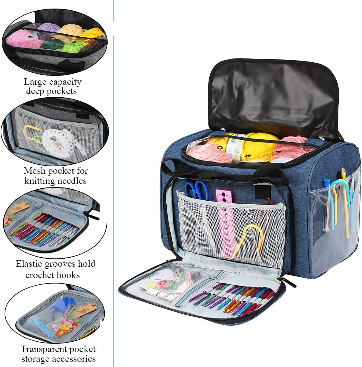 Weabetfu Large Crochet Bag Knitting Bags and Totes Organizer Huge Yarn Bag Storage for Crocheting Knitter,Crochet Hooks,Knitting Needles Kit,Supplies,Yarn - Ideal Crochet & Knitting Gift(Blue)
