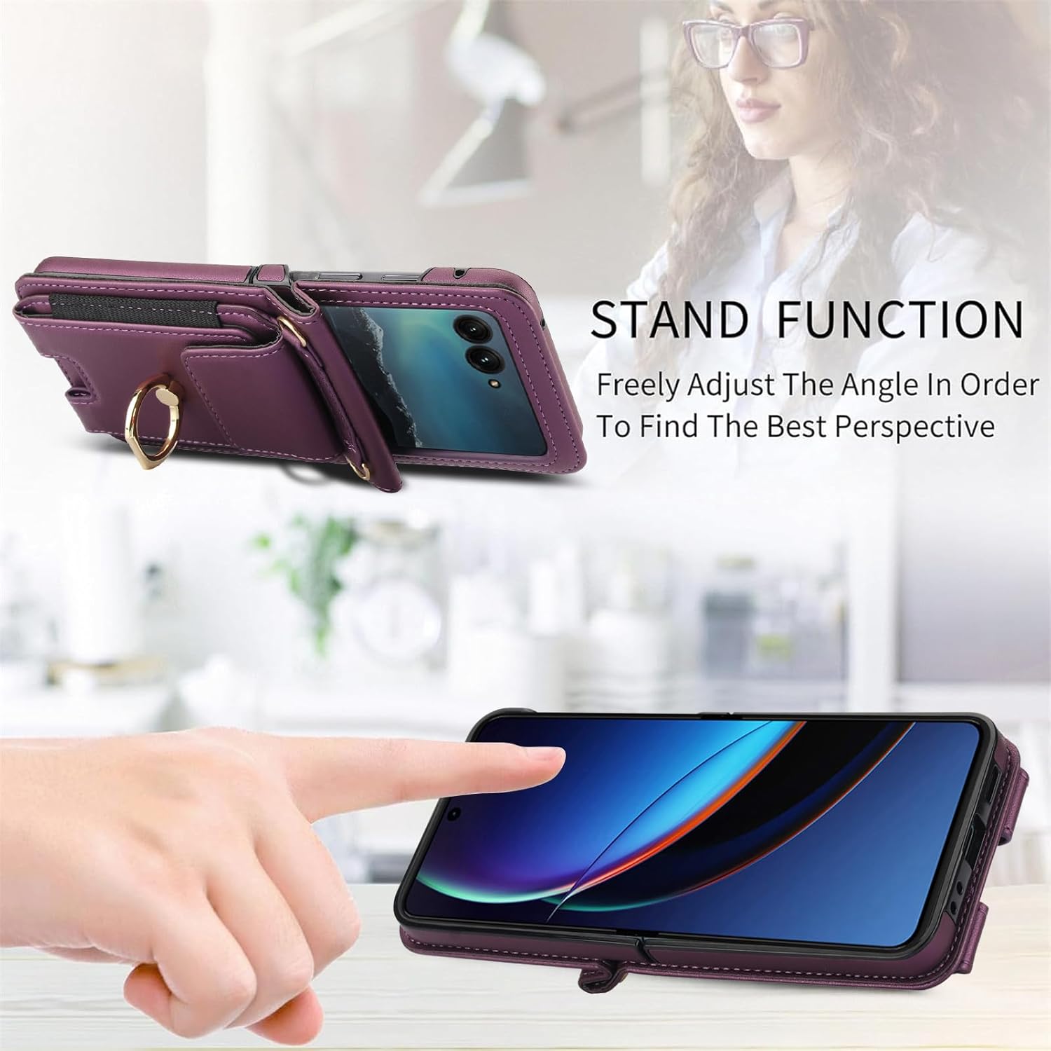 Phone Case for Moto Razr 50/Moto Razr 2024 Wallet Cover with Ring and Crossbody Wrist Strap Lanyard Credit Card Holder Slot Stand Cell Leather Purse INE-LX1 Razor Razer Women Men Girls Dark Purple