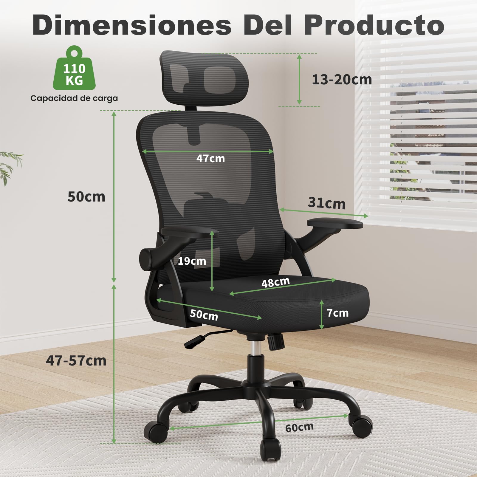 rattantree Silla Escritorio Ergonómica con Ajustable Respaldo| Negro| | Silla de Oficina con Respaldo Malla Transpirable | Altura Regulable | Reposacabezas| Adecuado Oficina y Hogar| 110kg