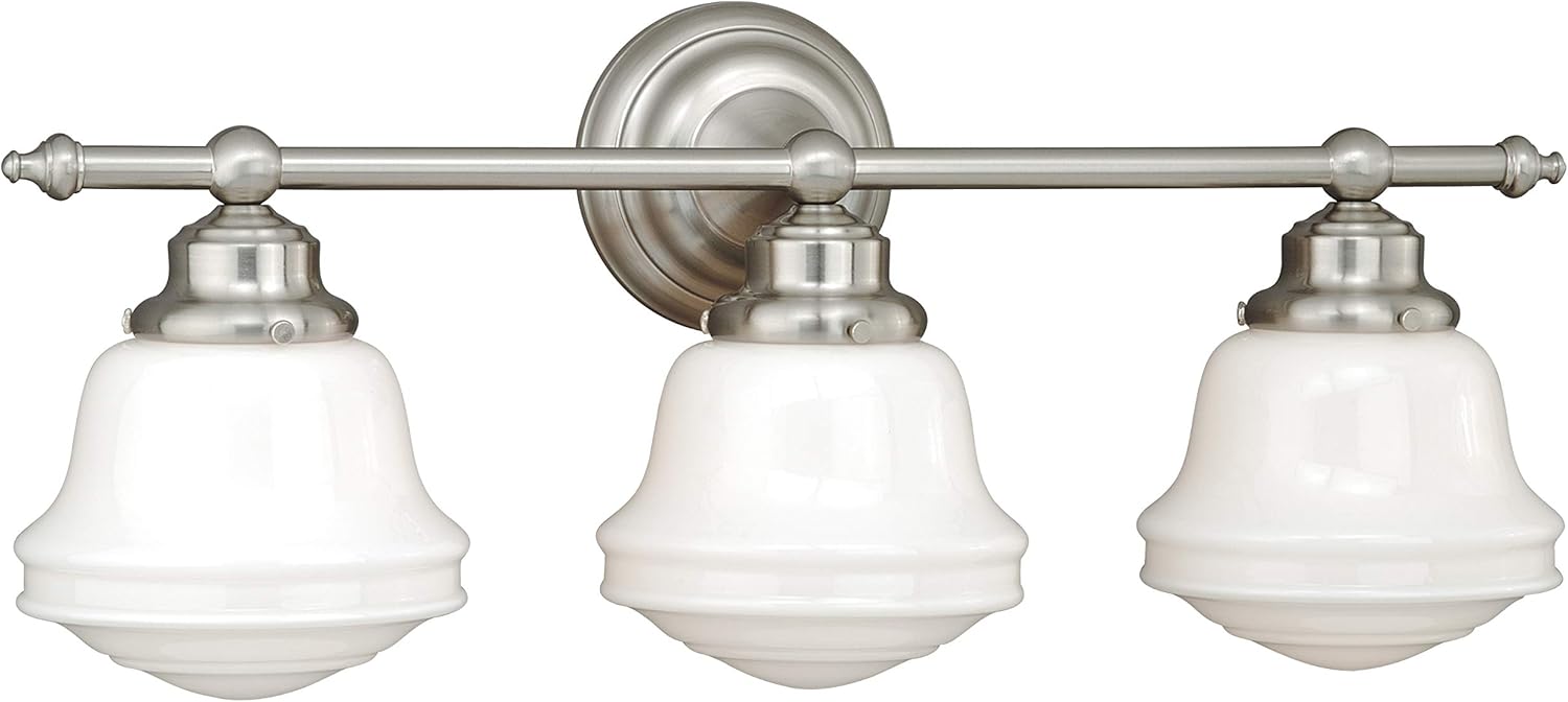 VAXCEL Huntley 3-Light 24 inch Wide Satin Nickel Farmhouse Bathroom Vanity Lighting Fixture, White Schoolhouse Milk Glass Globe Shade, Dimmable, LED Compatible, Over The Mirror Mounted Wall Sconce