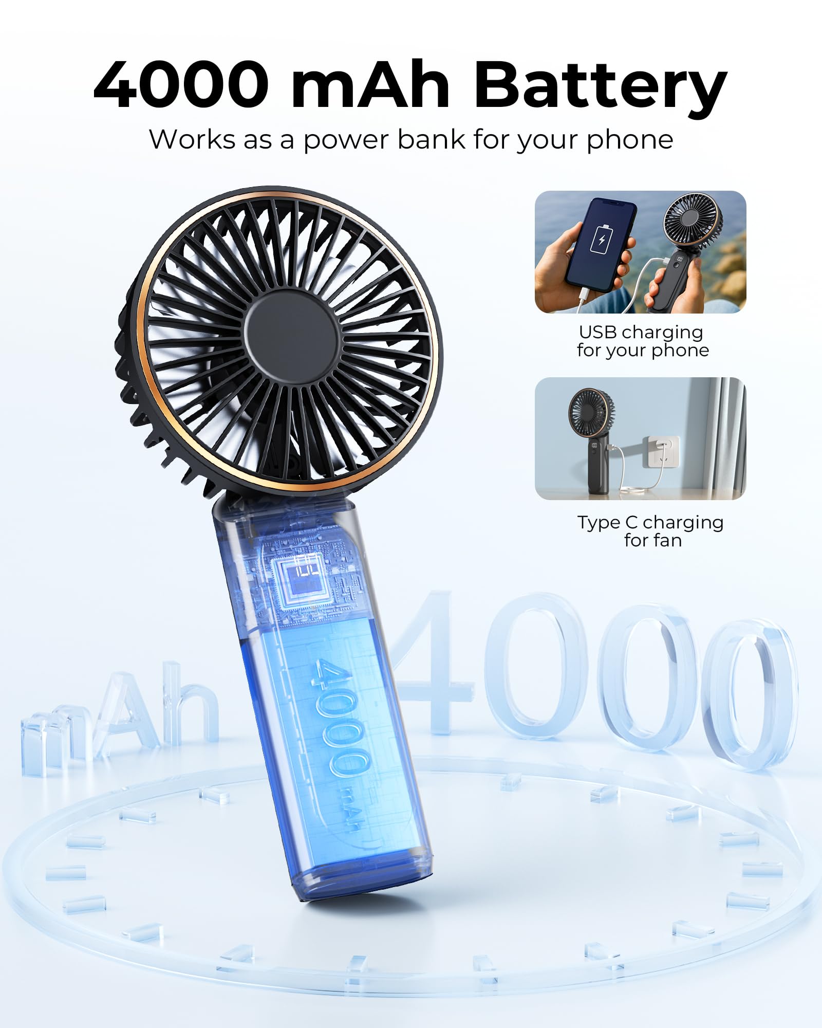 Tragbarer Mini-Ventilator Mit 4000mAh LED-Display, 180° Verstellbar und Wiederaufladbar - 6 Geschwindigkeiten, Mit Powerbank-Funktion