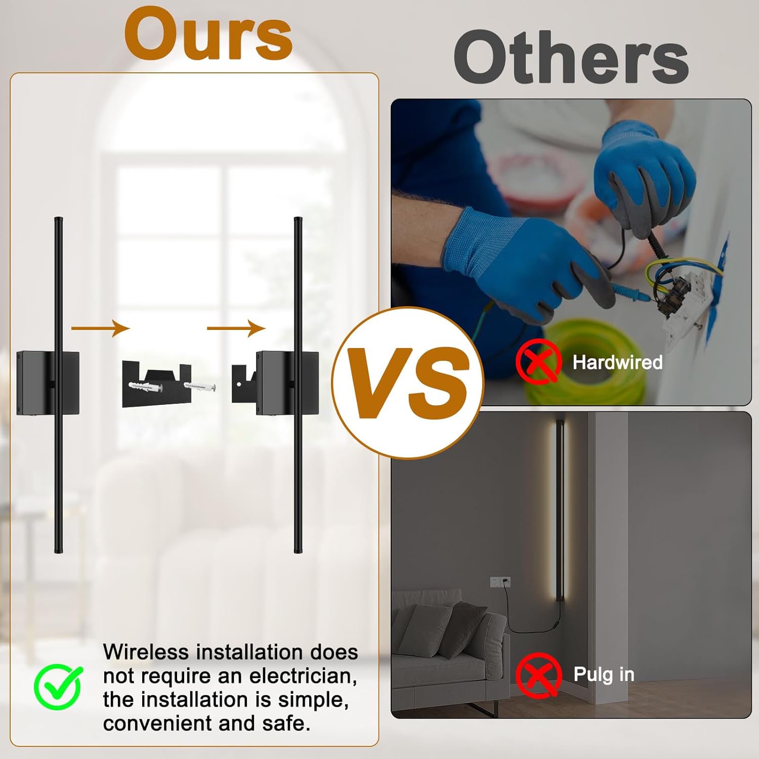 Battery Operated Wall Sconces Set of Two, Dimmable Wall Sconce with Remote Control, Rechargeable LED Wireless Wall Light for Bedroom, Living Room, Hallway, 350° Rotate, 26.7 Inch, Black(2 Pack)