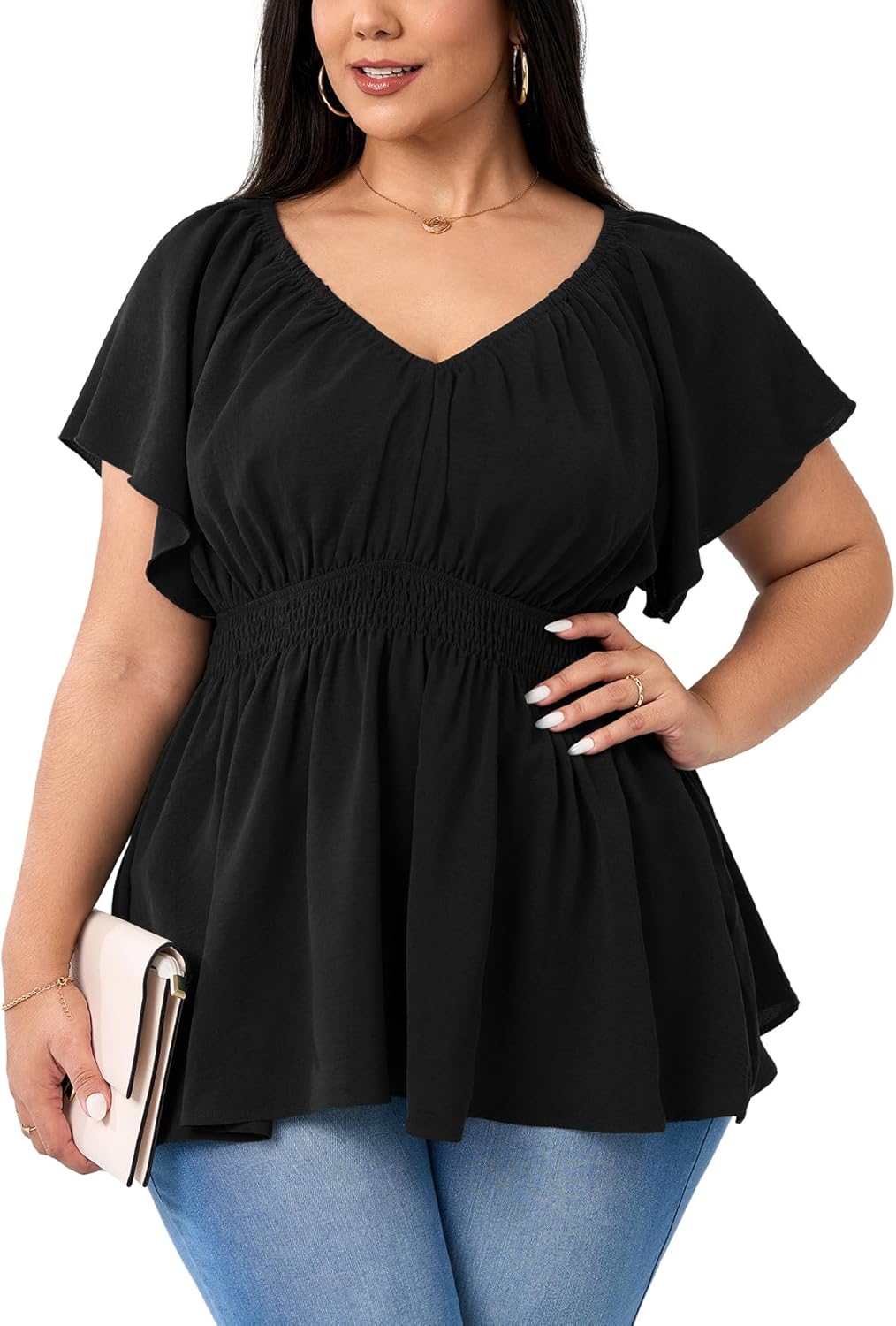 Womens Plus Size Tops V Neck Short Sleeve Blouse Babydoll Ruffle Peplum Smocked Dressy Casual Summer Top