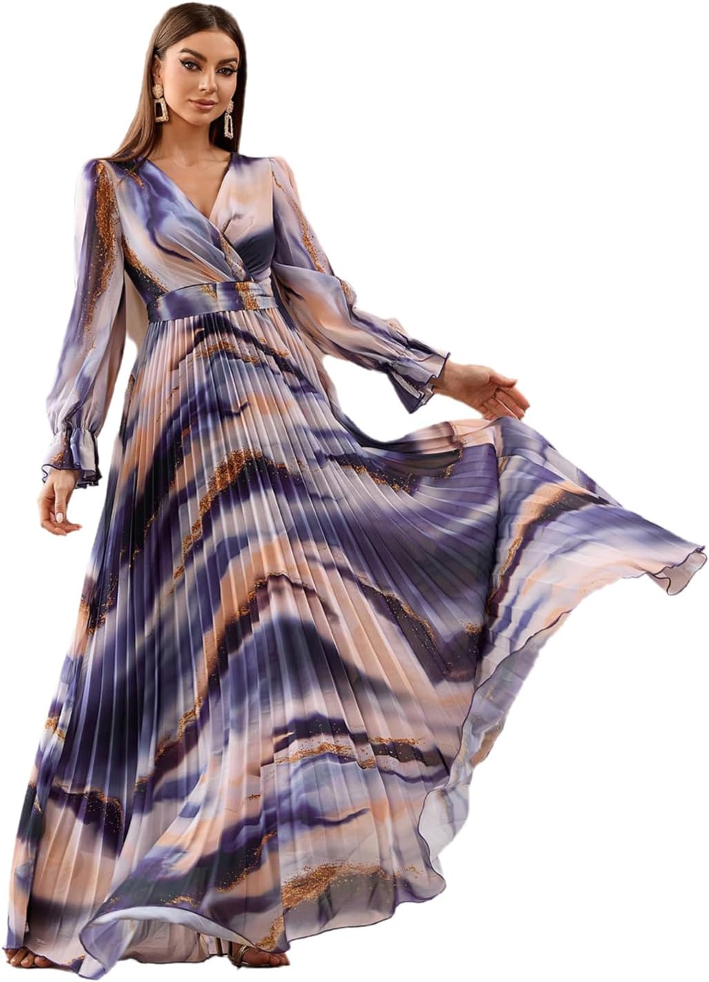 TOLEEN Summer Casual Dresses for Women 2024 Spring Fashion Boho V Neck Long Sleeve Ruffle Floral Print Elegant Maxi Dress